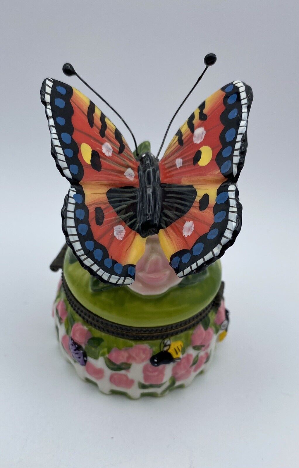 Vintage Hand Painted Butterfly Bee Ceramic Hinged Trinket Box with Trinket