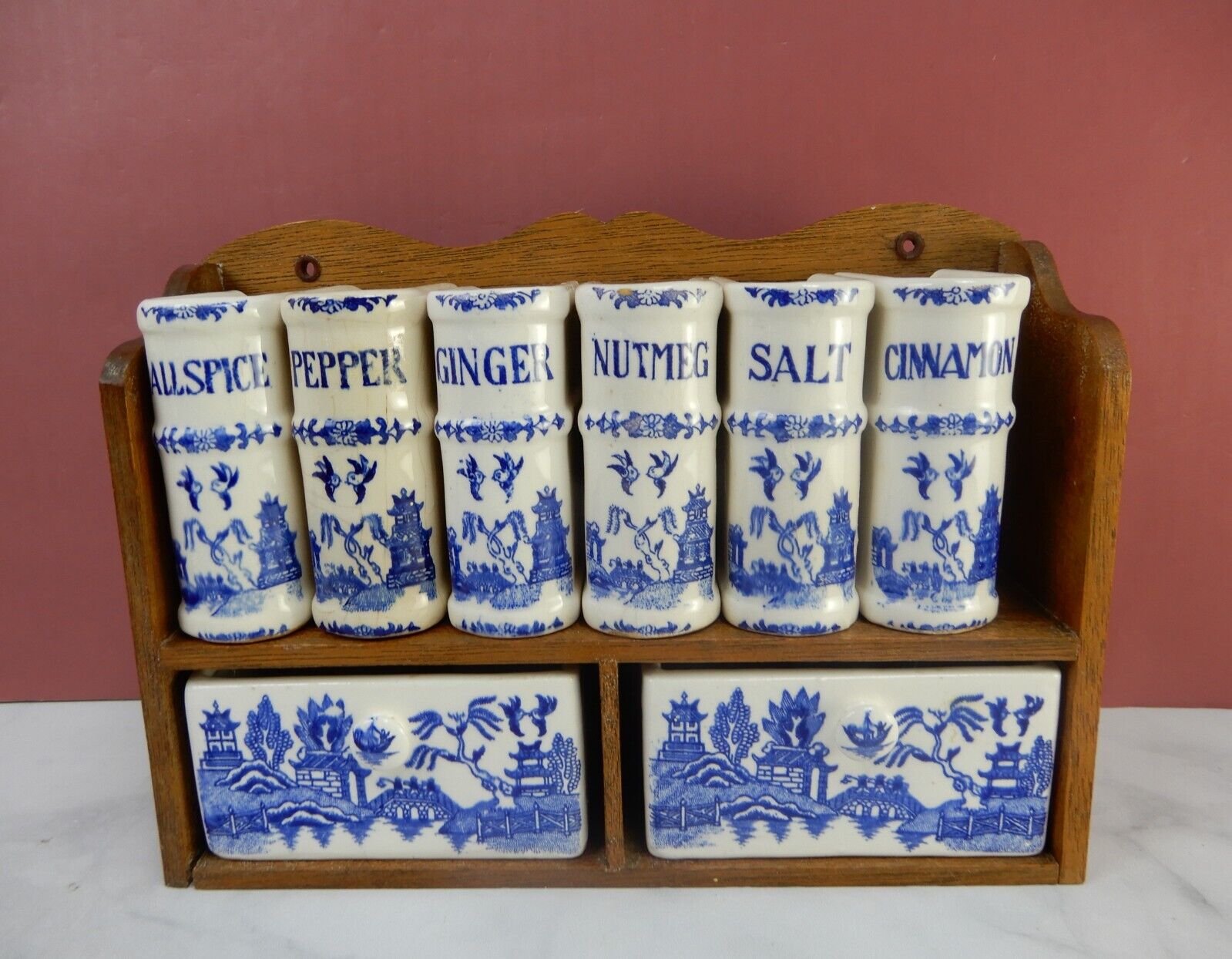 Vintage Blue Willow Ceramic Spice Jar Shaker Set with Wooden Rack AS IS