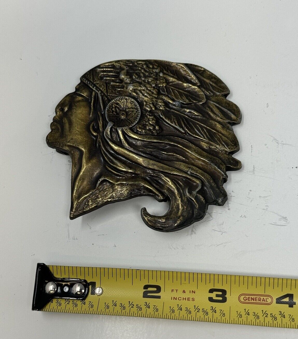 Vintage Native American Indian Chief Head Cutout Belt Buckle Brass Made In USA 