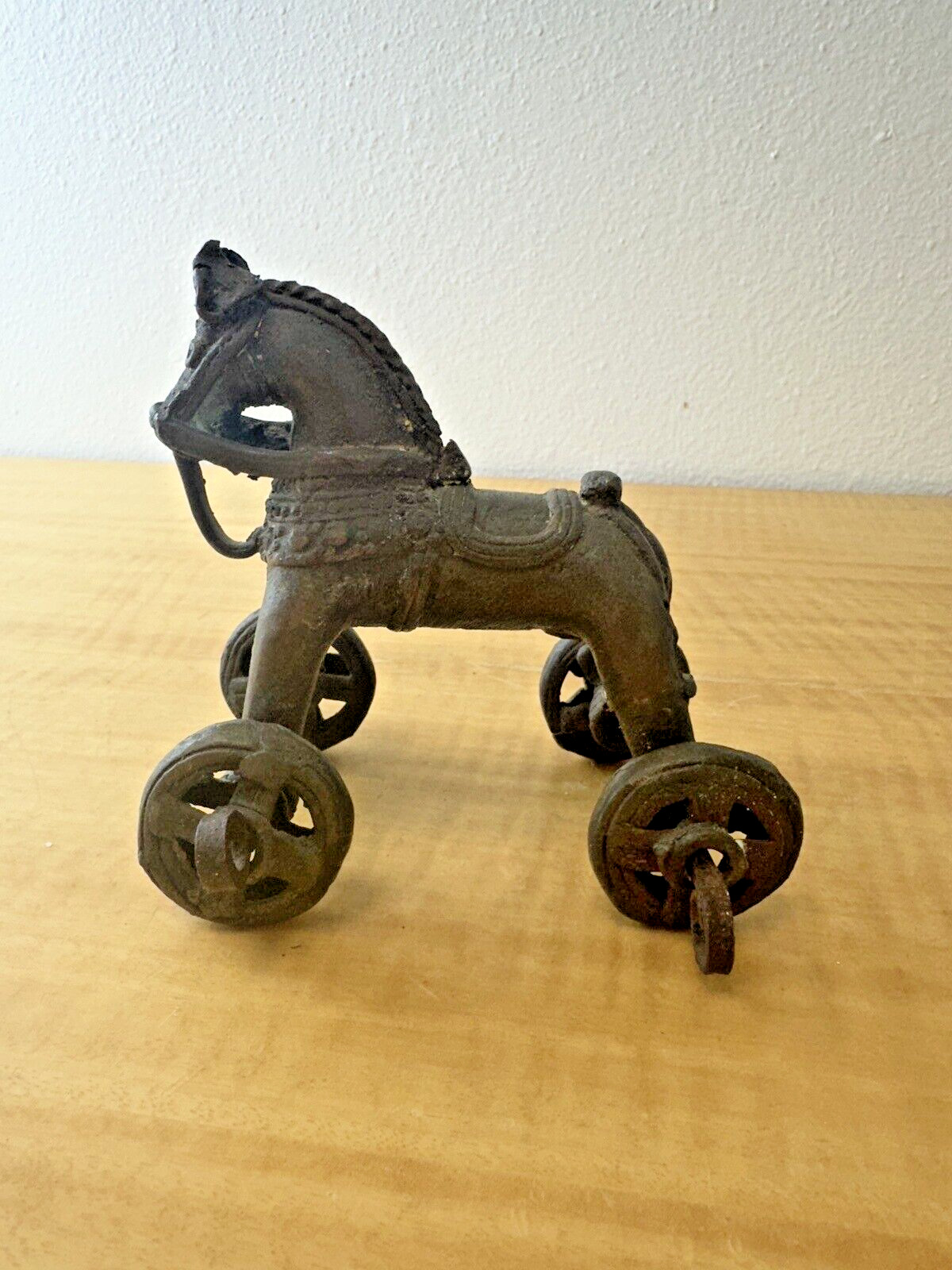 Antique Vintage Bronze Trojan Toy Horse on Wheels
