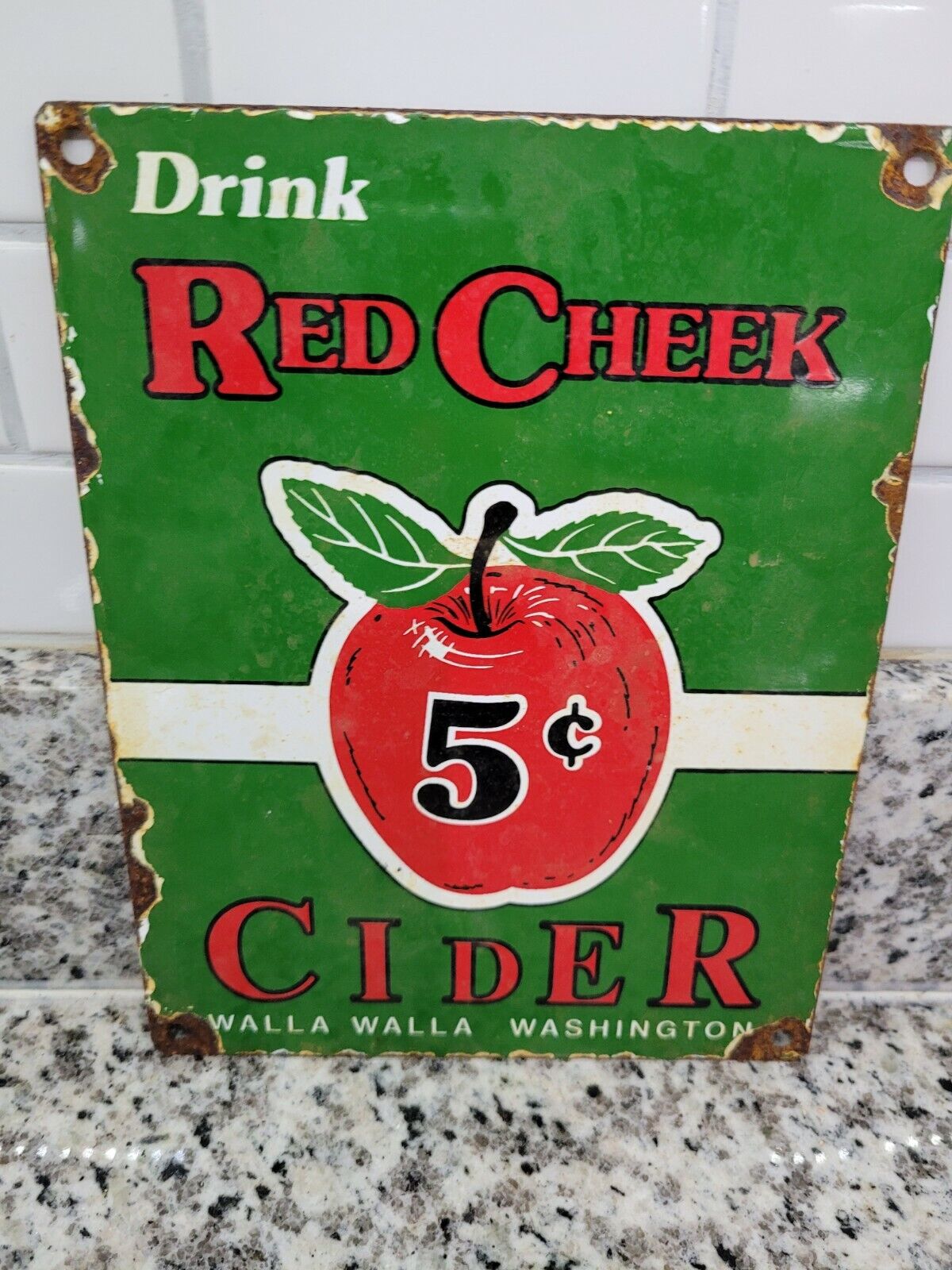VINTAGE RED CHEEK CIDER PORCELAIN SIGN APPLE ALCOHOL BEER ALE BREWERY BEVERAGE