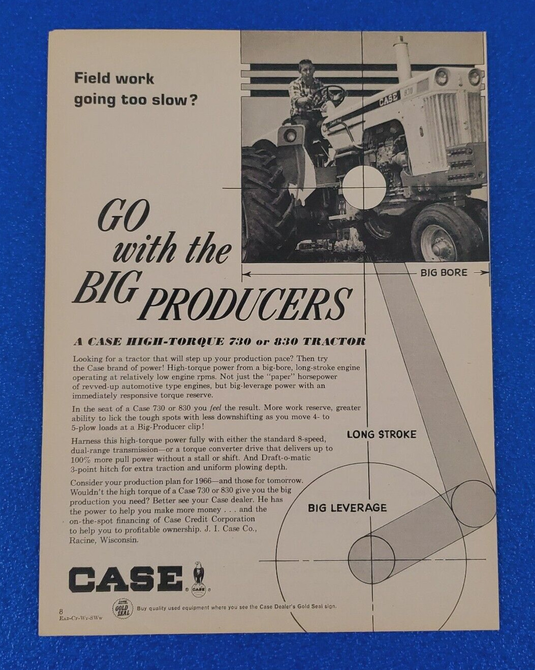 1966 CASE HIGH-TORQUE 730 830 TRACTOR ORIGINAL PRINT AD BIG BORE LONG STROKE