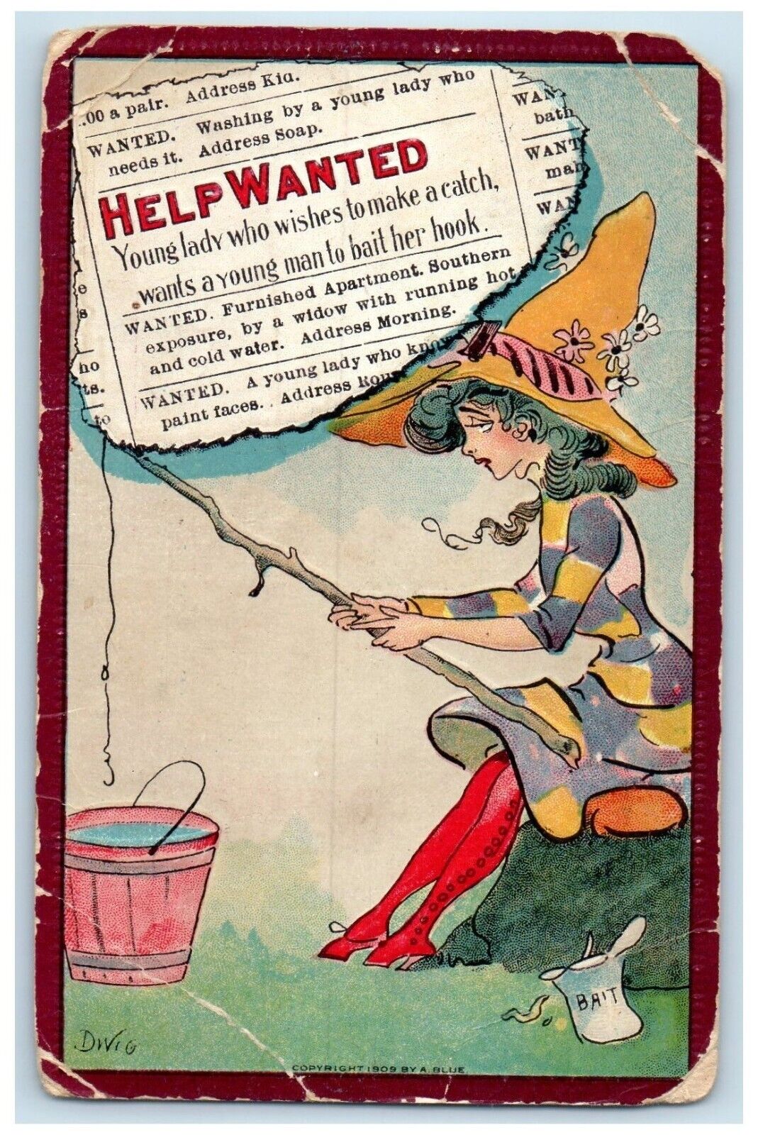 1909 Help Wanted Young Lady Fishing Bucket Kaukauna Wisconsin Embossed Postcard