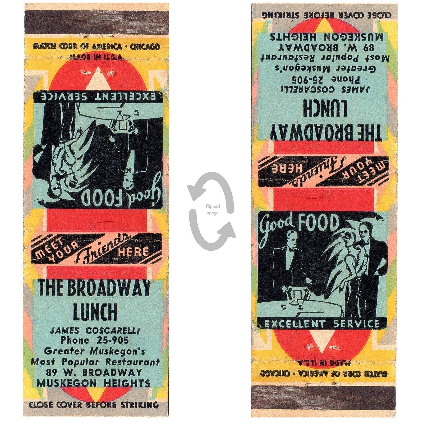 Vtg Matchbook Cover Broadway Lunch Muskegon Hts MI J Coscarelli 1940s restaurant