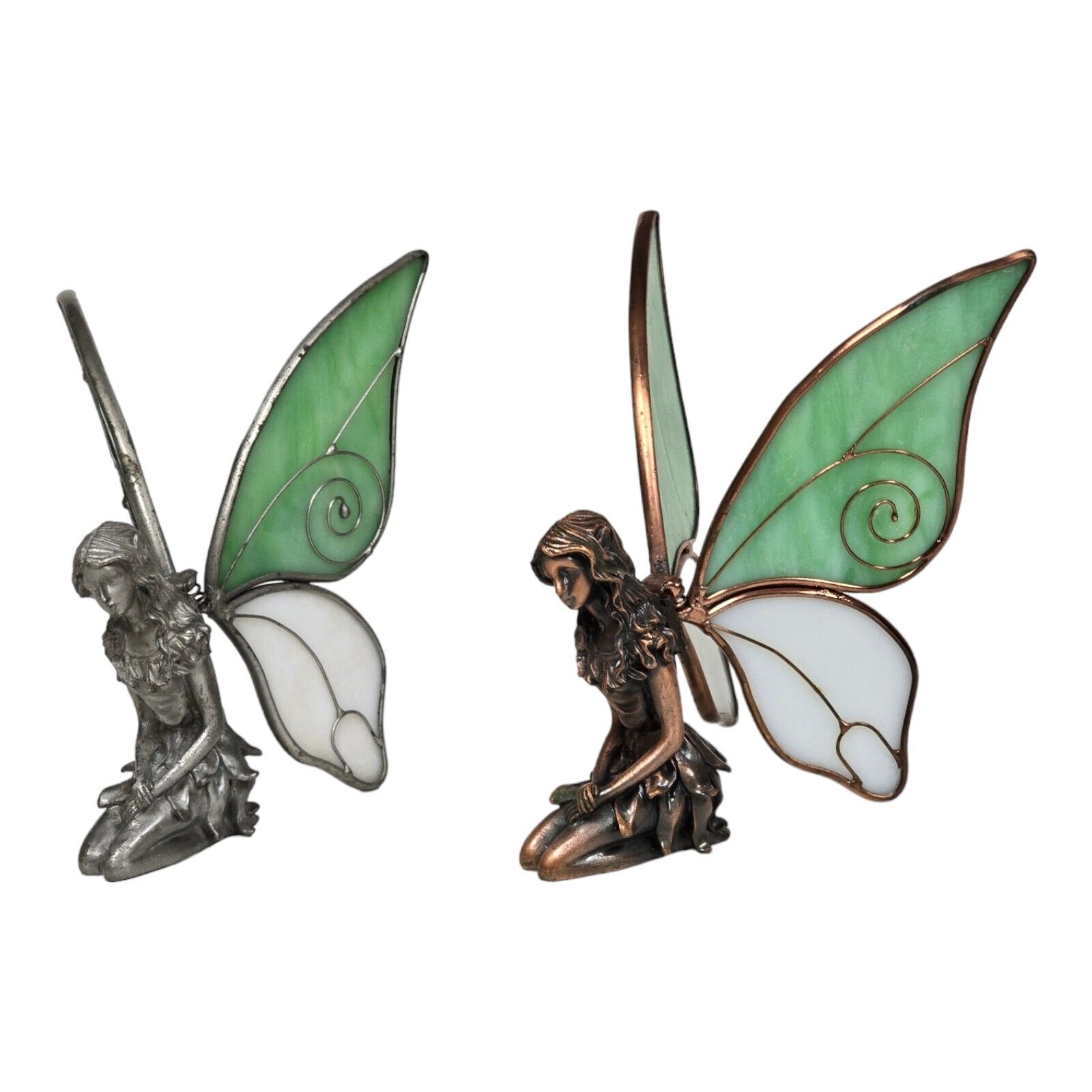 Vintage Kneeling Mystical Fairies Stained Glass Spring Wings Copper & Pewter