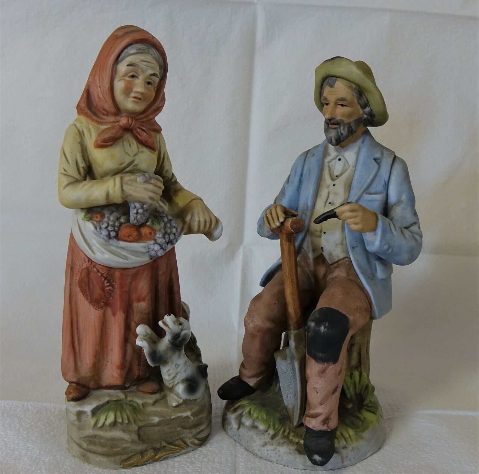 Vintage Homco Old Elderly Man & Woman Couple Farmer Figurines Shovel & Dog 