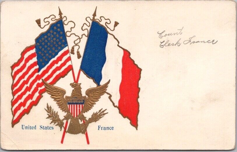 Vintage 1910s WWI Patriotic Embossed Postcard French & American Flags / Unused