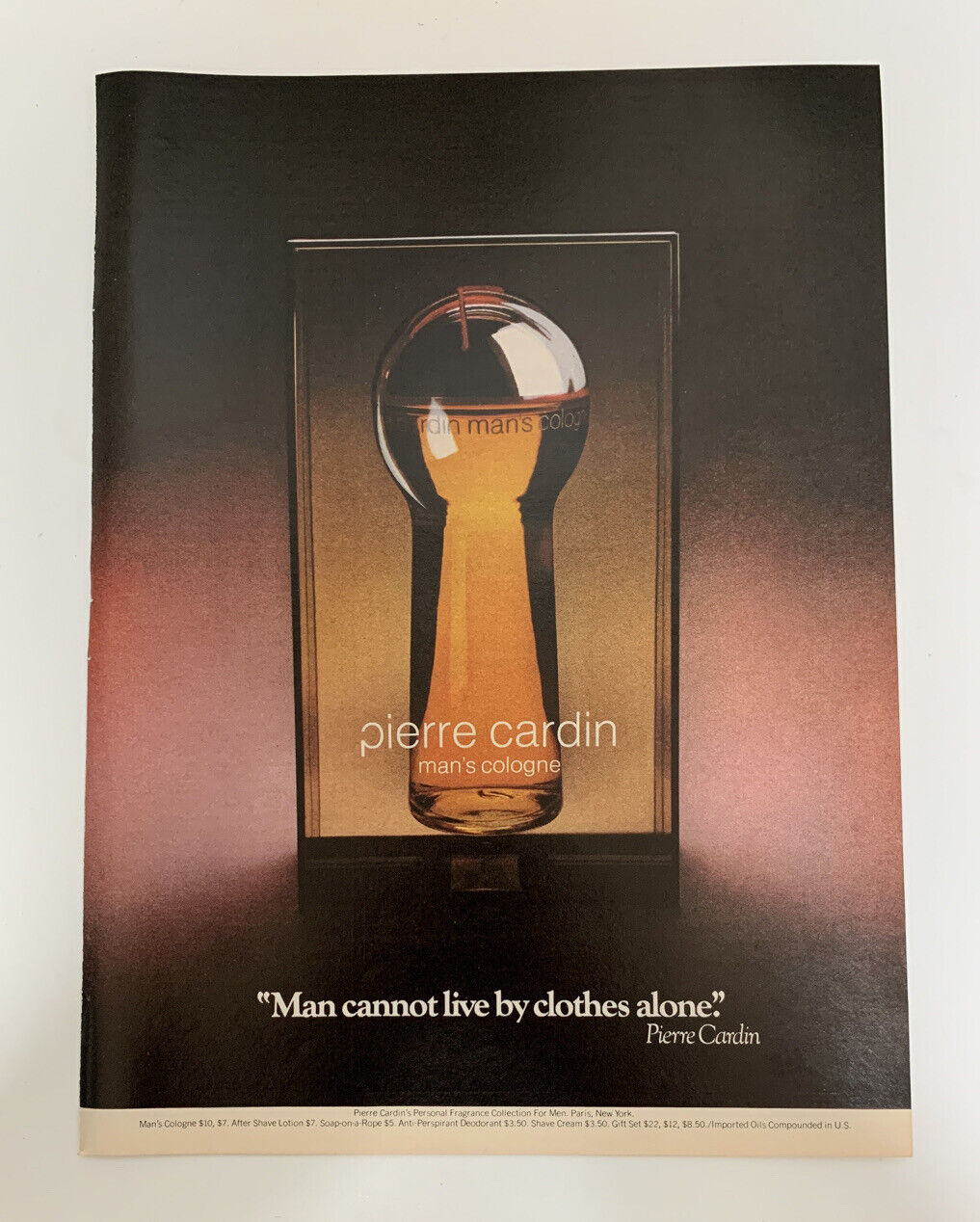 1974 Pierre Cardin Man's Cologne Bottle Print Ad Vintage Color Advertisement