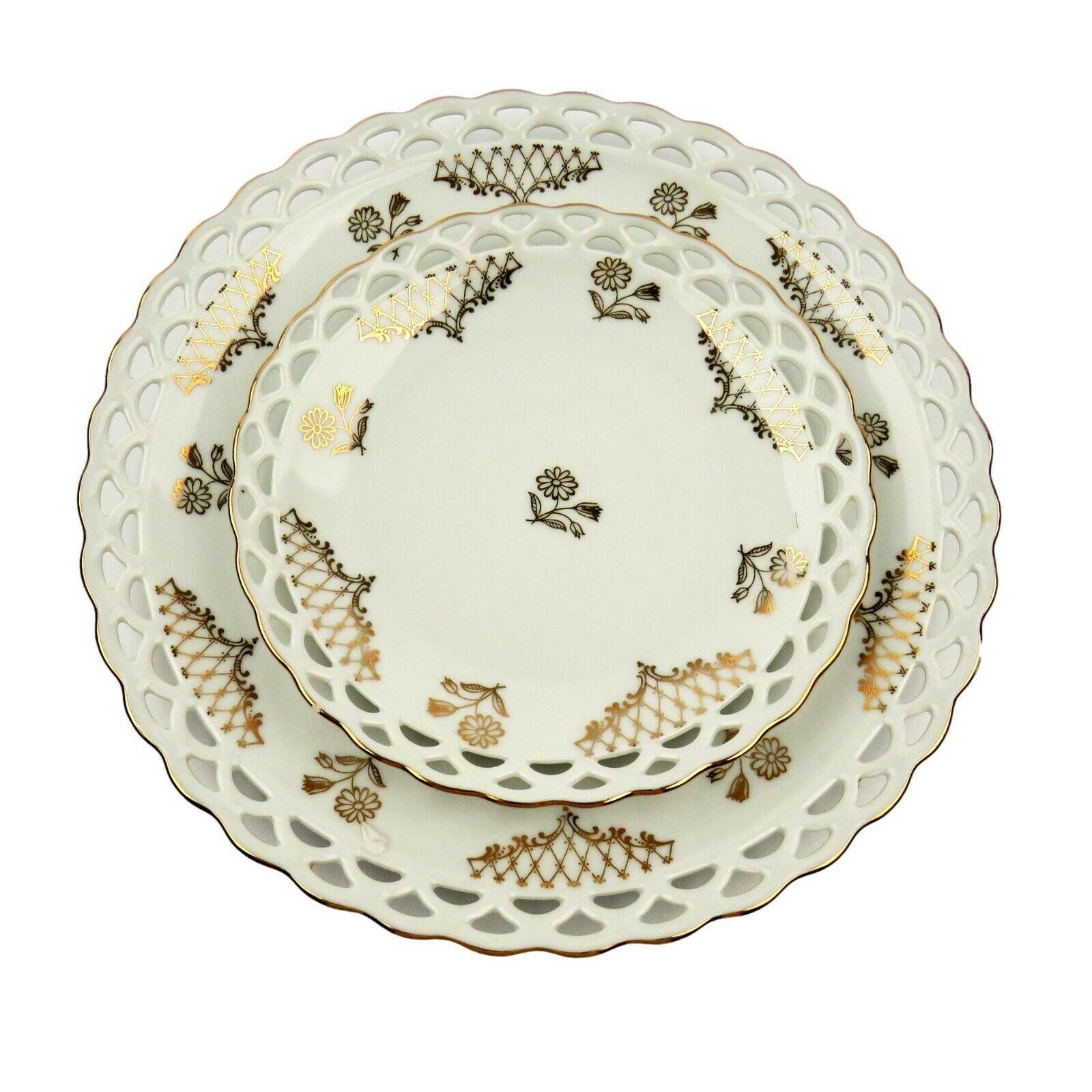  Antique Reticulated Scalloped 2 Dessert Plates Winterling Bavaria Gold Florals