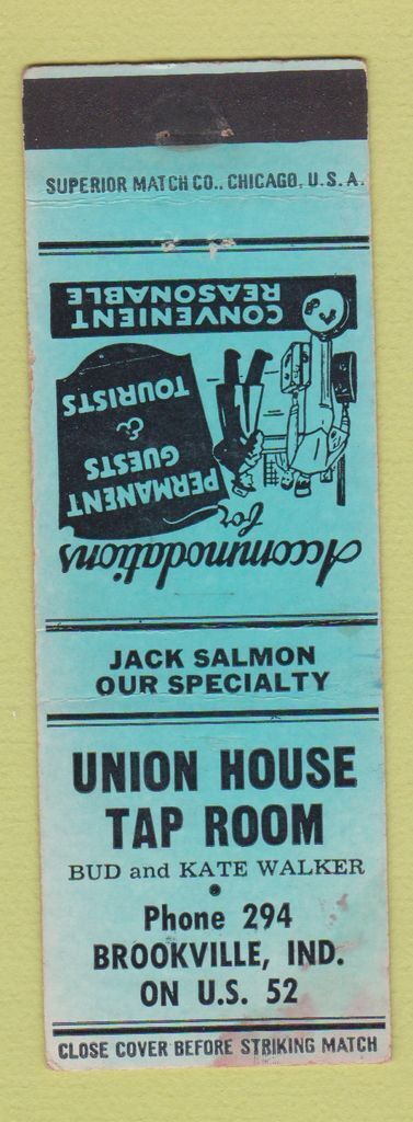 Matchbook Cover - Union House Tap Room Brookville IN WEAR