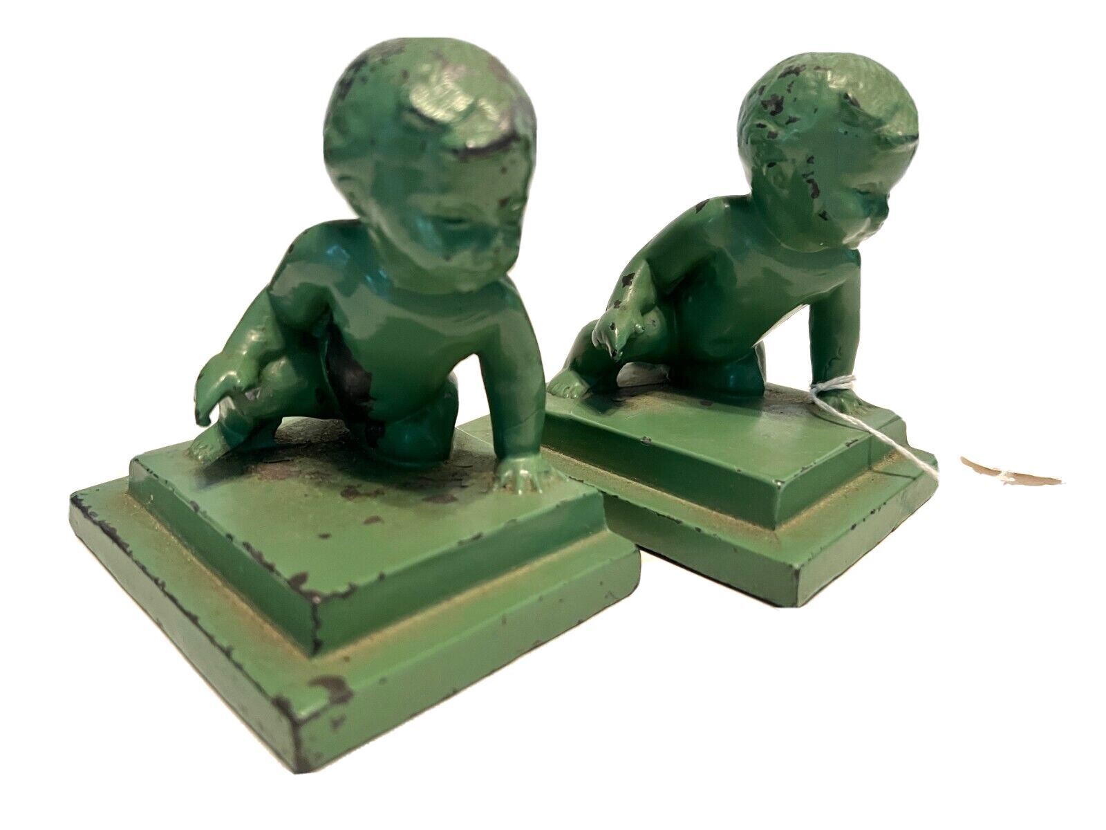 1929 Brookart Green  Painted Cast Iron Crawling Baby Bookends \