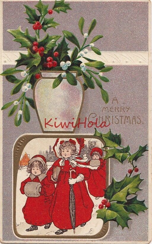 Postcard A Merry Christmas Girls Red Dresses