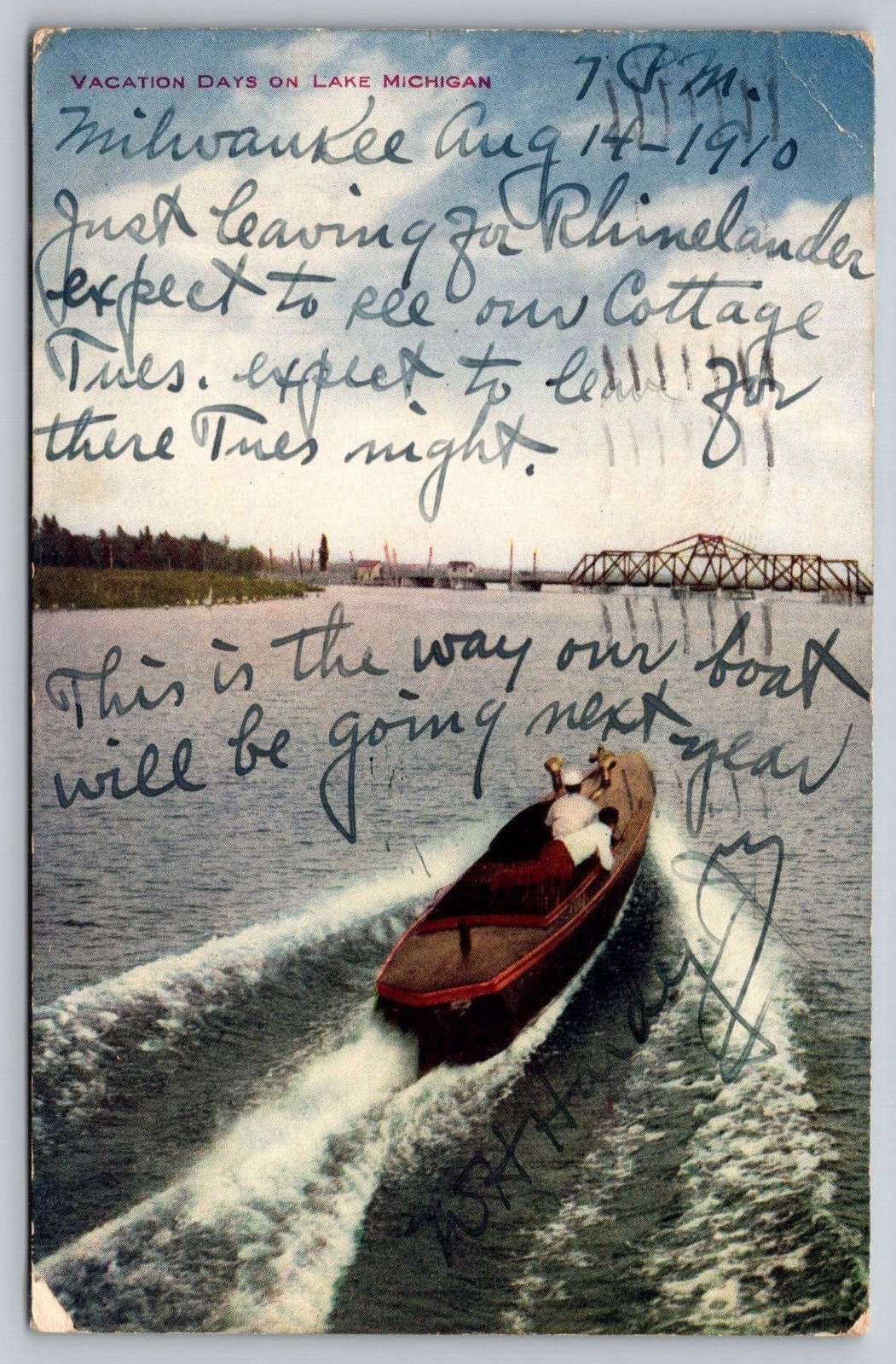 Vintage Postcard- 1688. Vacation Days on Lake Michigan. Cancellation 1910