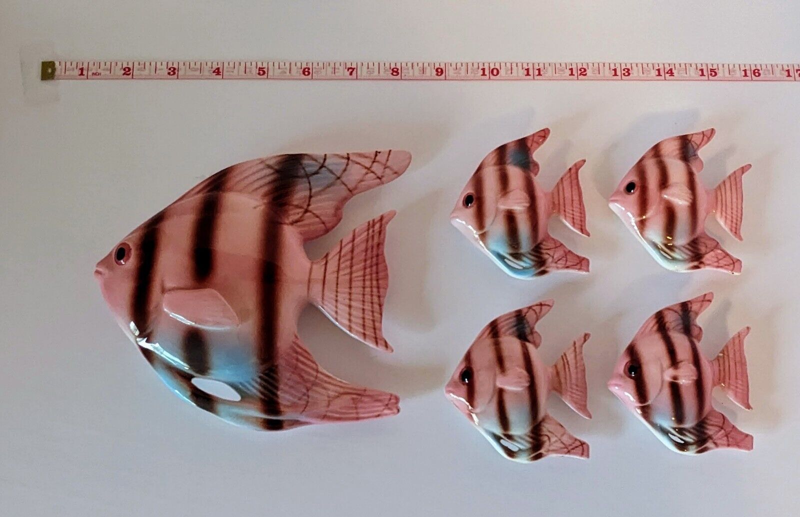 Vintage ENESCO Pink & Blue Striped Angel Fish Set of 5 Ceramic Wall Decorations