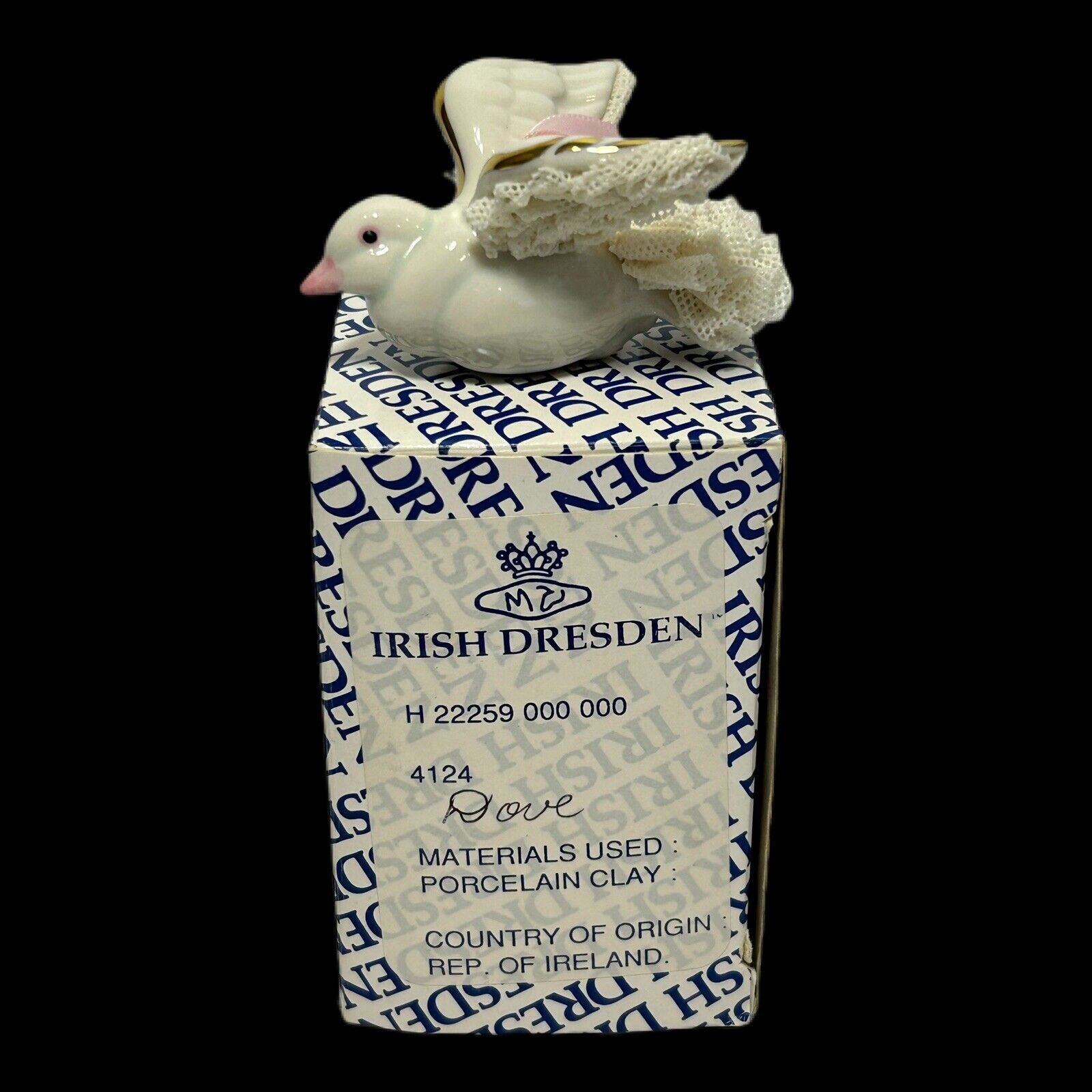 Ireland MZ DRESDEN Porcelain Ivory Dove Bird Ornament Lace Wings #4124 BOX EUC