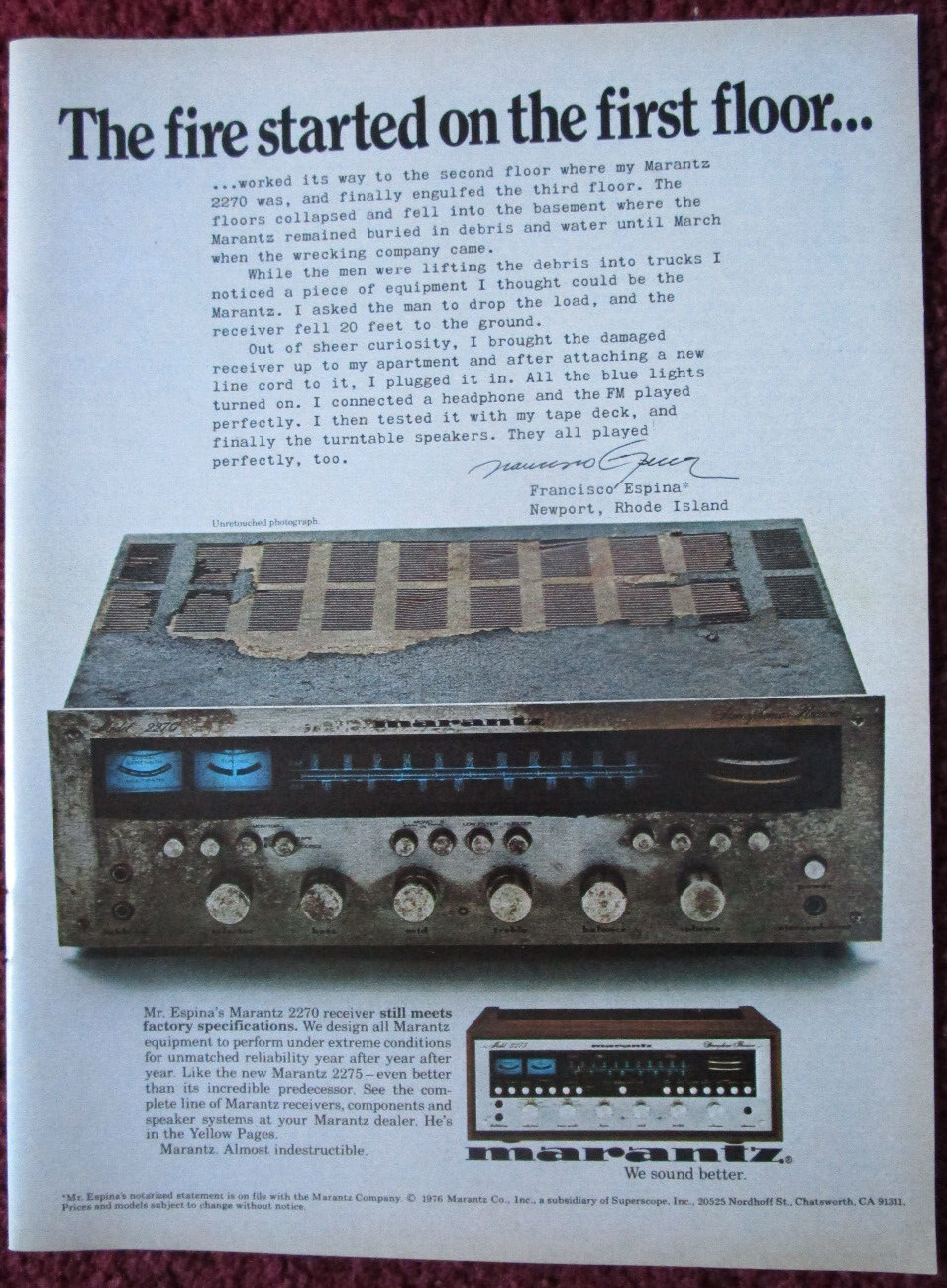 1976 MARANTZ Model 2270 Stereo Receiver Print Ad ~ Fire Started on First Floor