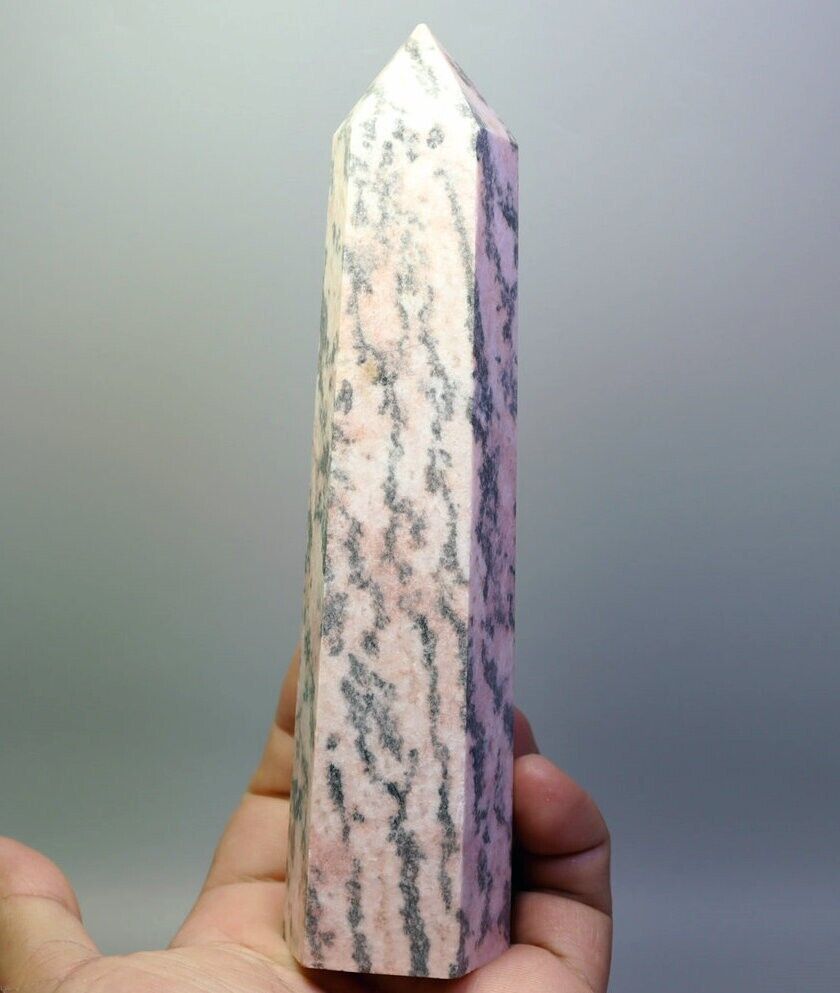 483g Natural Pink Zebra Granite Stone Quartz Crystal Obelisk Point Wand Healing