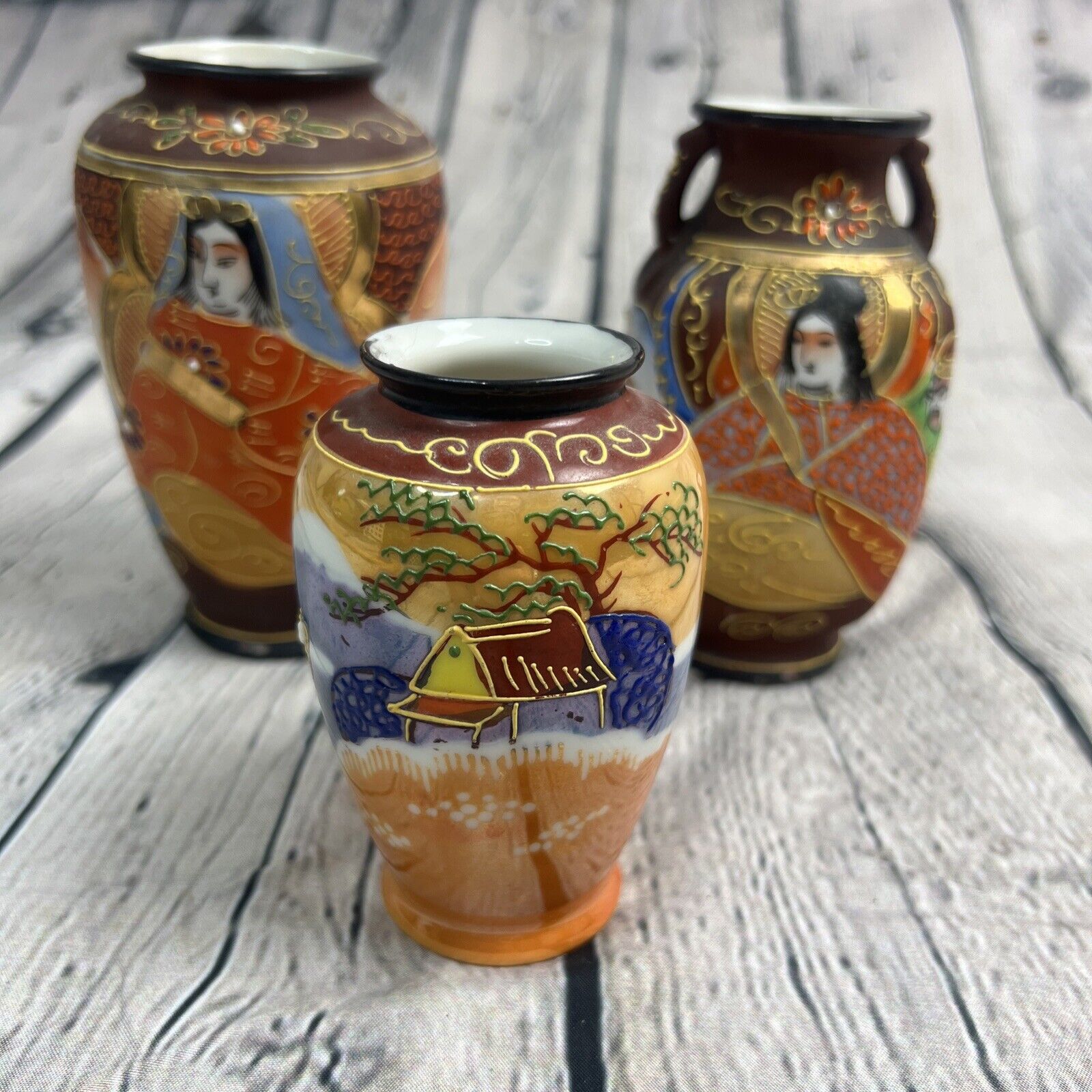 Vintage Made In Japan Hand Painted Small Vases with Japanese Figure LOT Of 3