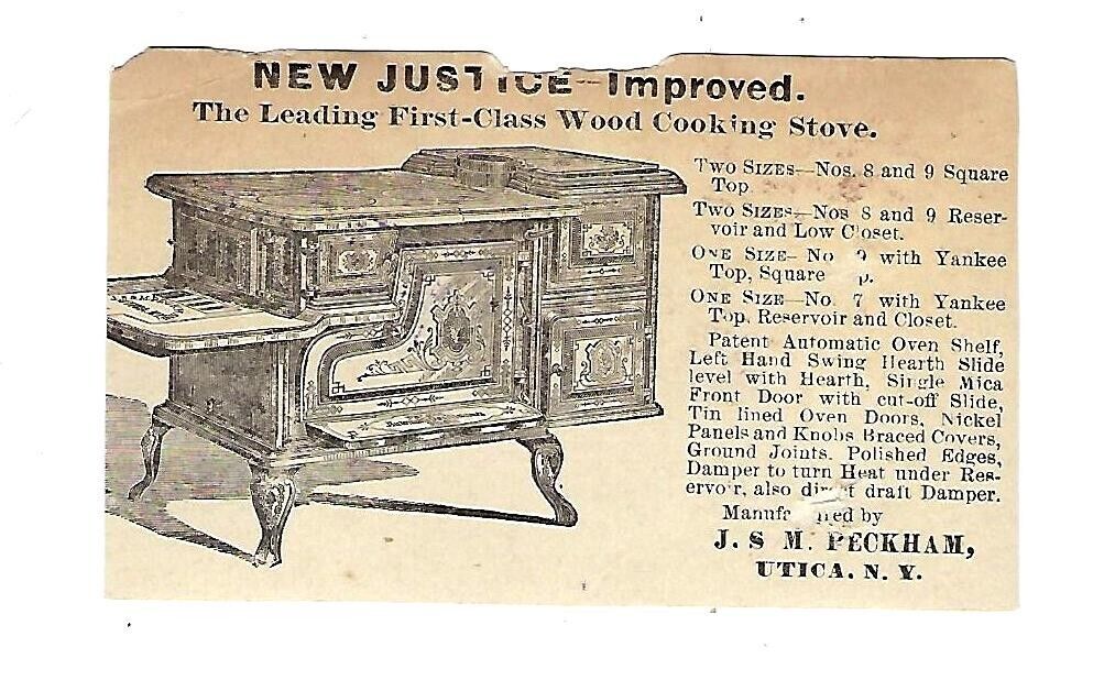 c1880's Trade Card J.S.M. Peckham, First-Class Wood Cooking Stove