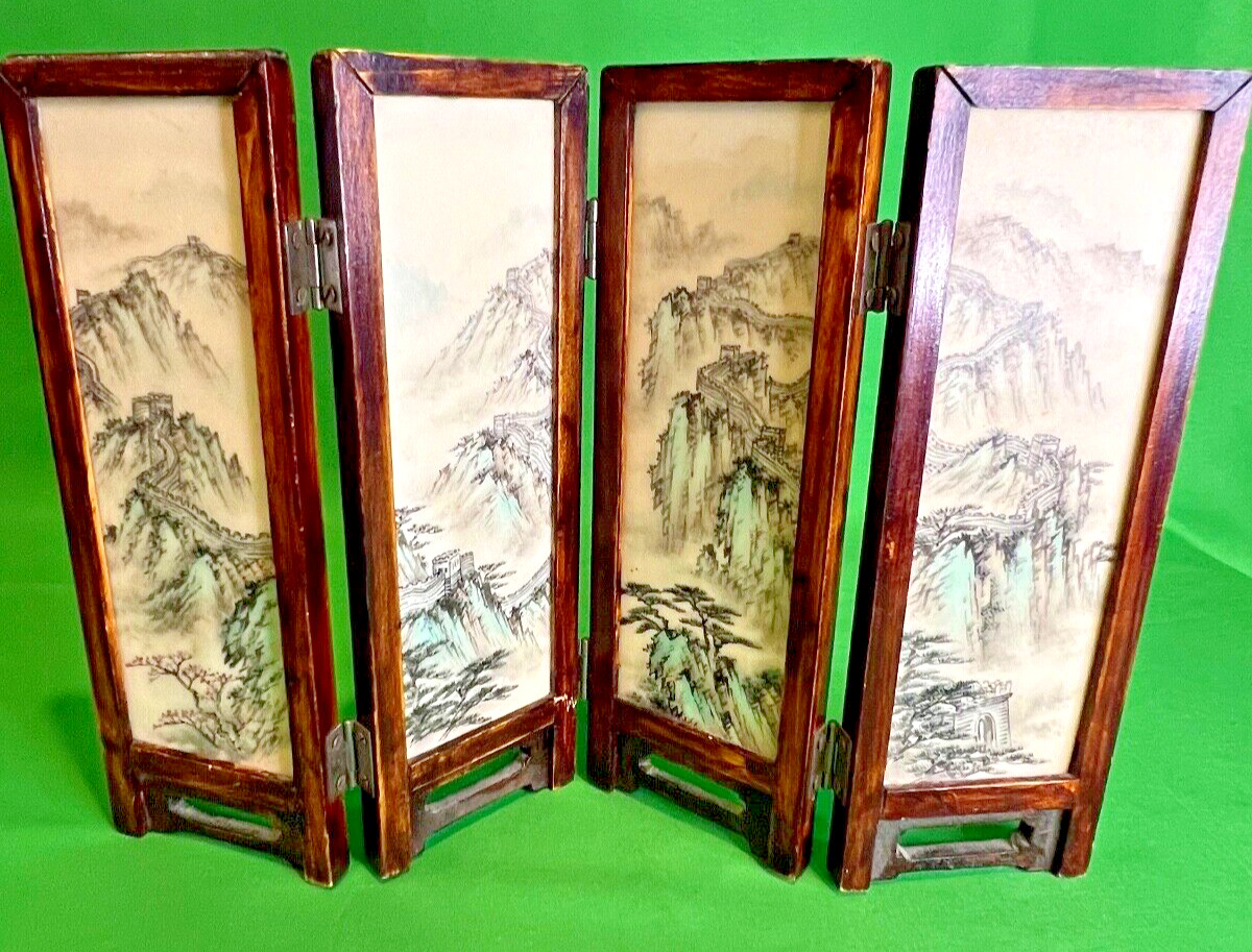 Vintage Hand Painted Mini Divider Shade Privacy Screen ~ Wood & Porcelain Tile