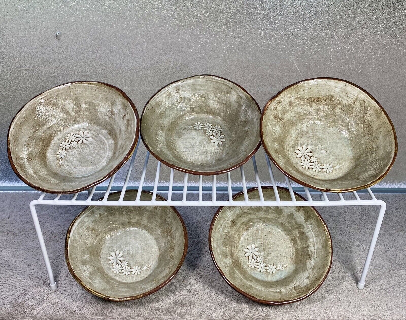 Lot 5 Pcs Korean Dumbung Buncheon Ware Handmade Pottery Clay Rice Bowls 6”D