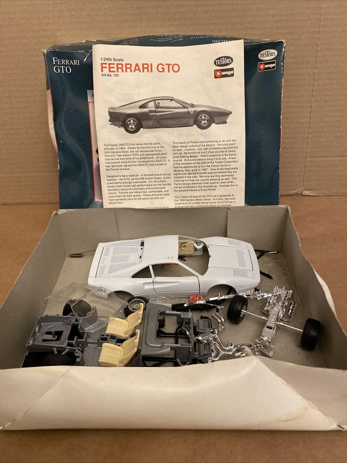 Open Box Vintage Testors Burago Ferrari GTO Metal Body Model Kit 1/24 Scale #152