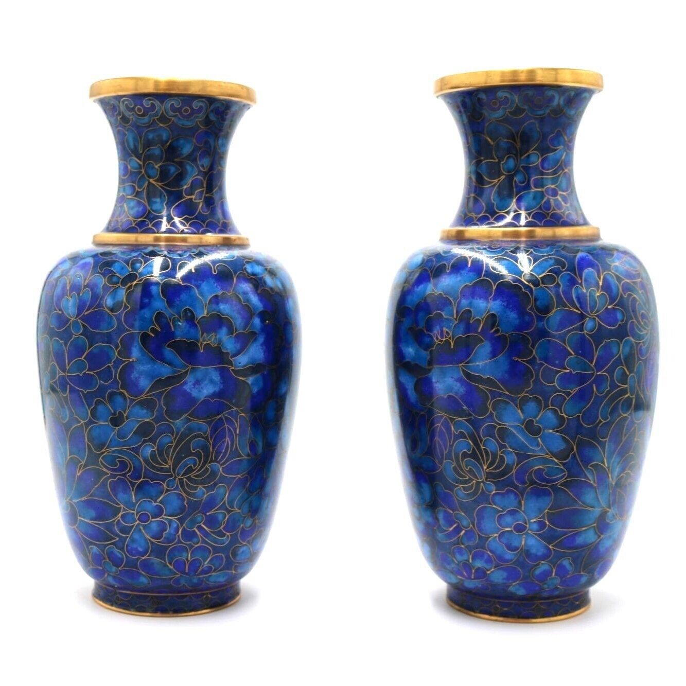 Pair of stunning, vintage asian cloisonne vases in a cobalt blue floral pattern.