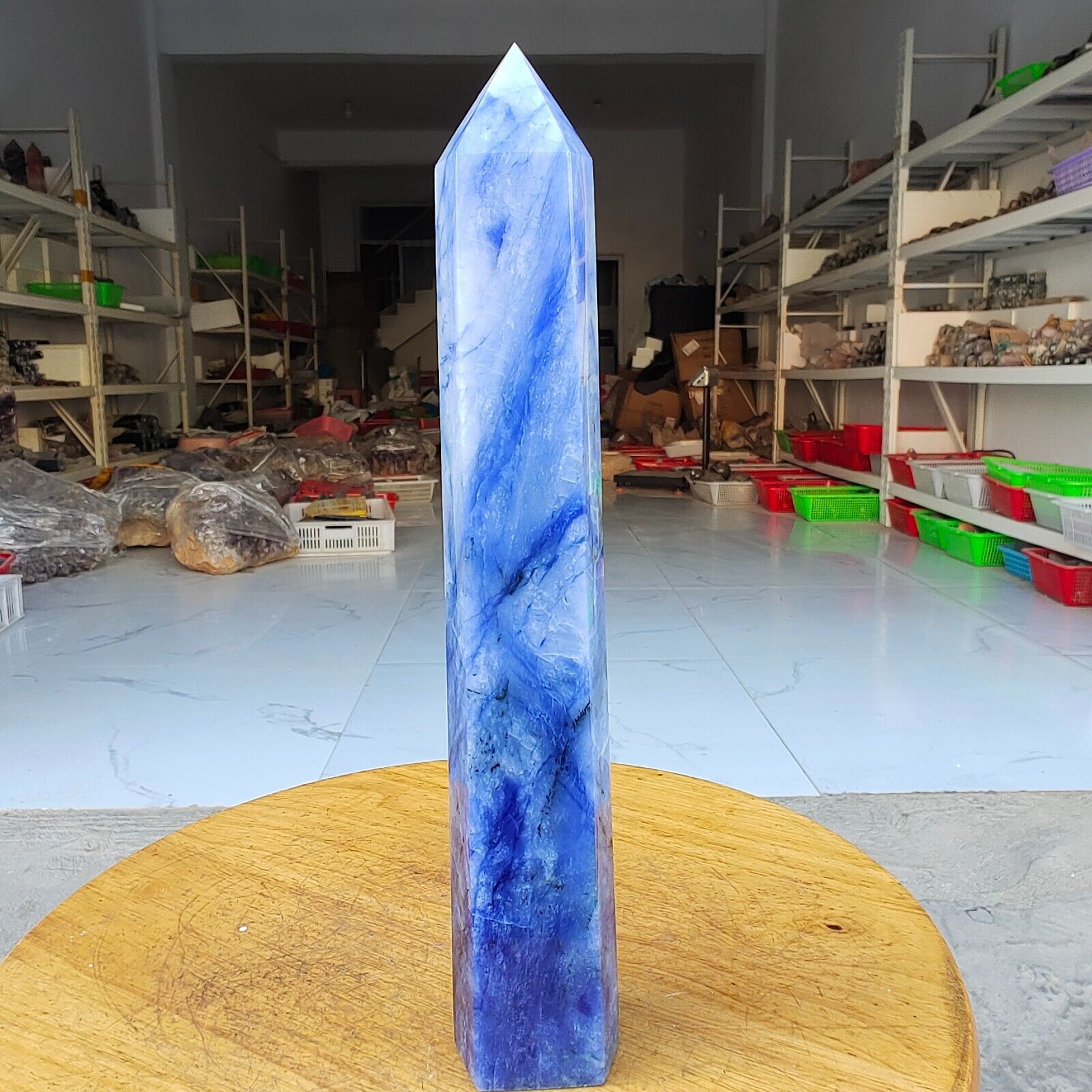 630g Natural Blue and white Quartz Obelisk Crystal Energy Wand Point healing