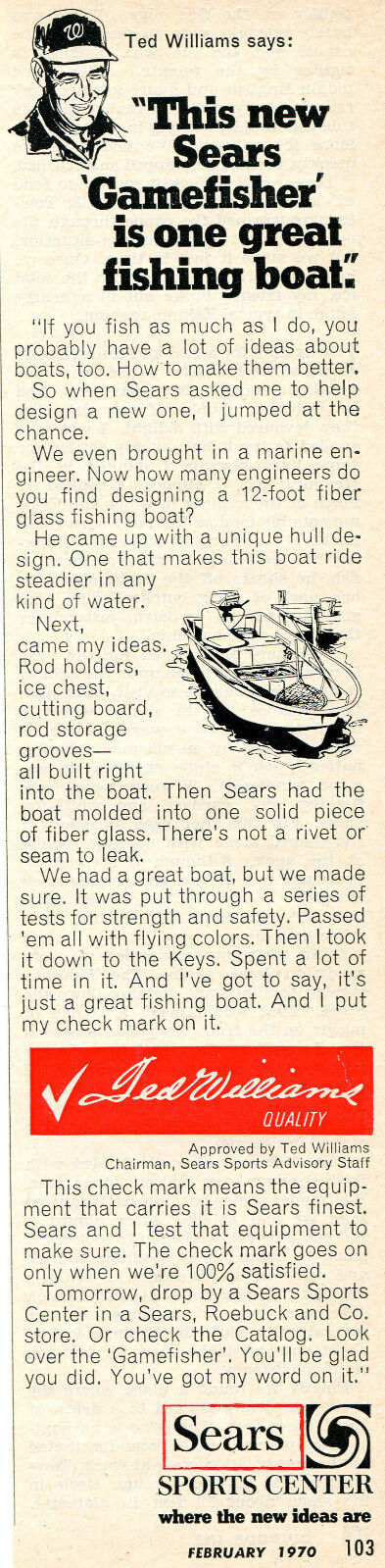 1970 Print Ad of Sears Sports Center Ted Williams \