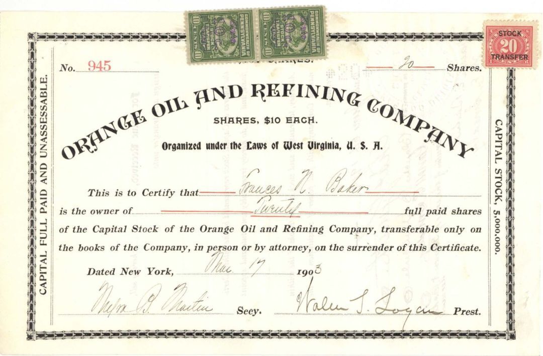 Orange Oil and Refining Co. - 1902 or 1903 dated Stock Certificate - Oil Stocks 
