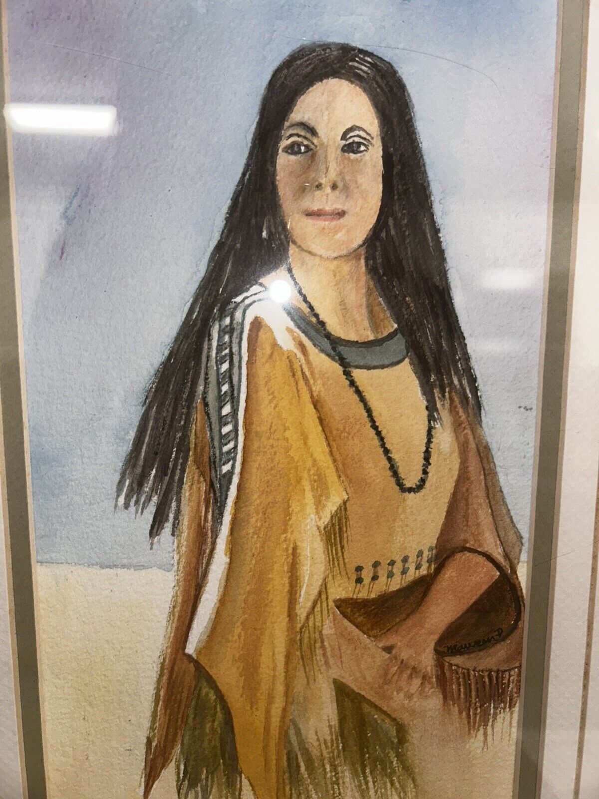 Vintage Native American Woman Framed Painting 