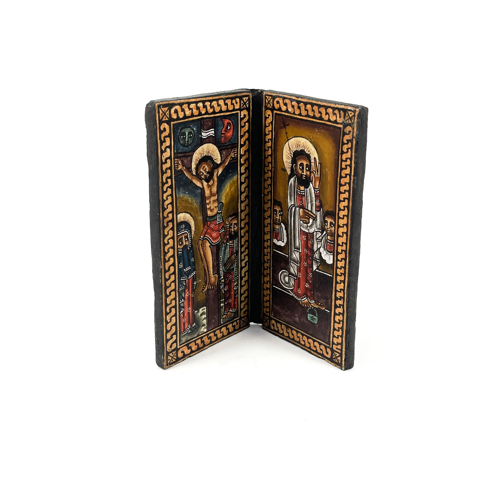 Ethiopian Coptic Icon Two Panels Painted Wood Angel