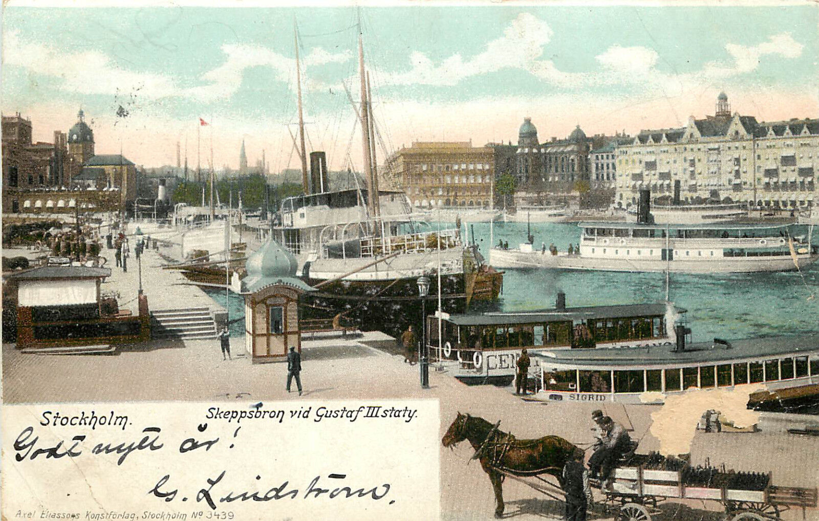 Vintage Postcard Stockholm Sweden Skeppsbron Vid Gustav III Staty Ferry Boats