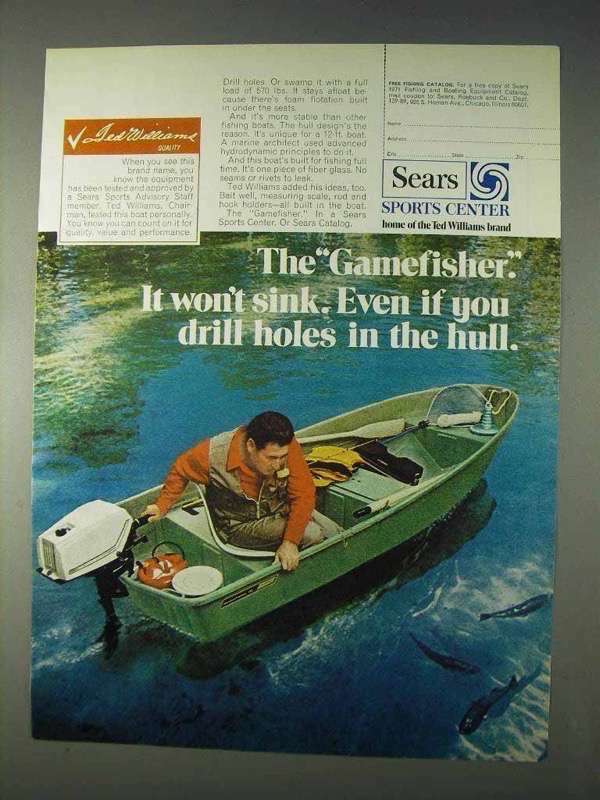 1971 Sears Ted Williams Gamefisher Boat Ad - Won\'t Sink