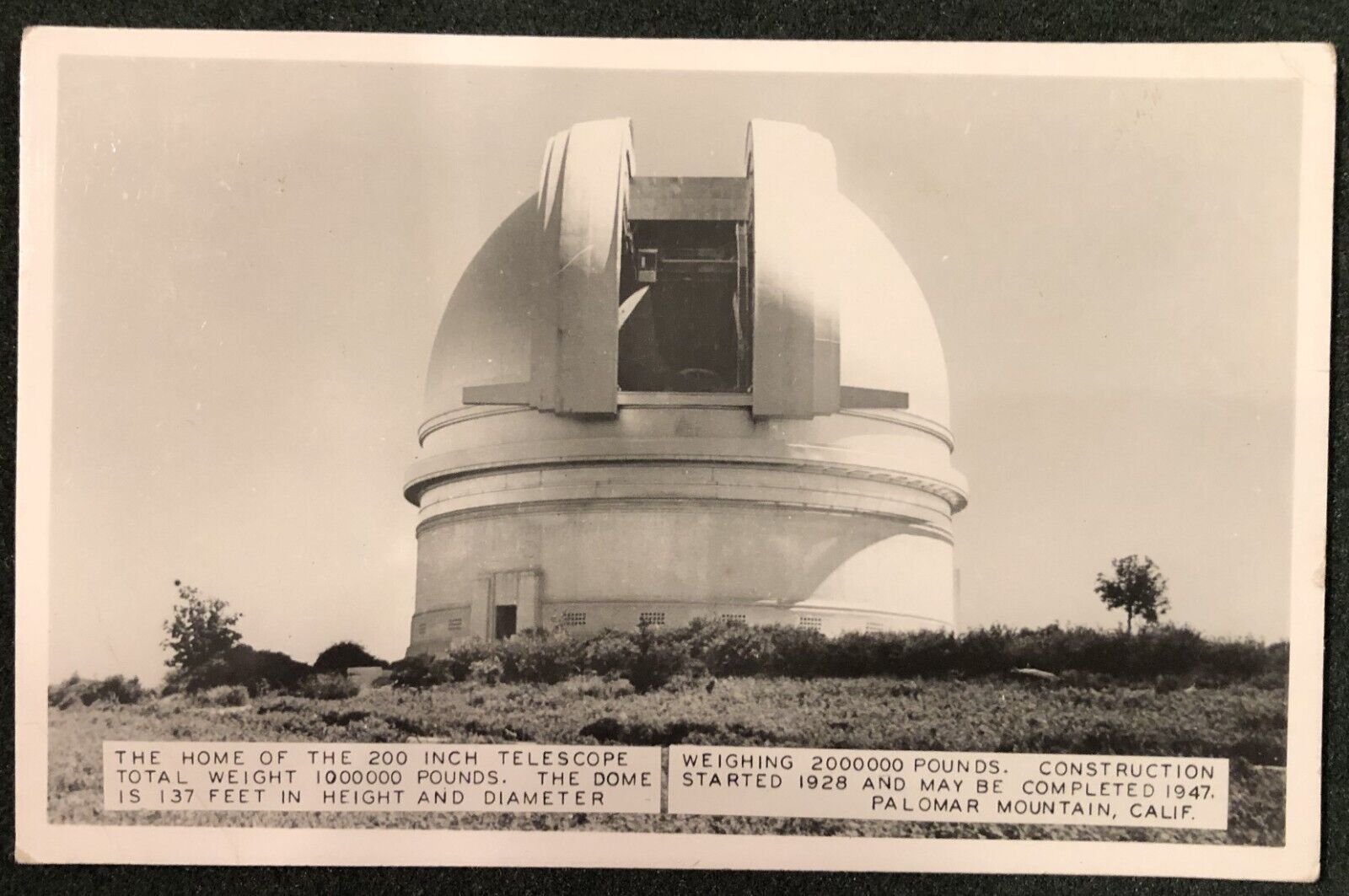 200 Inch Telescope Palomar Mountain California RPPC Photo Postcard, Posted 1947