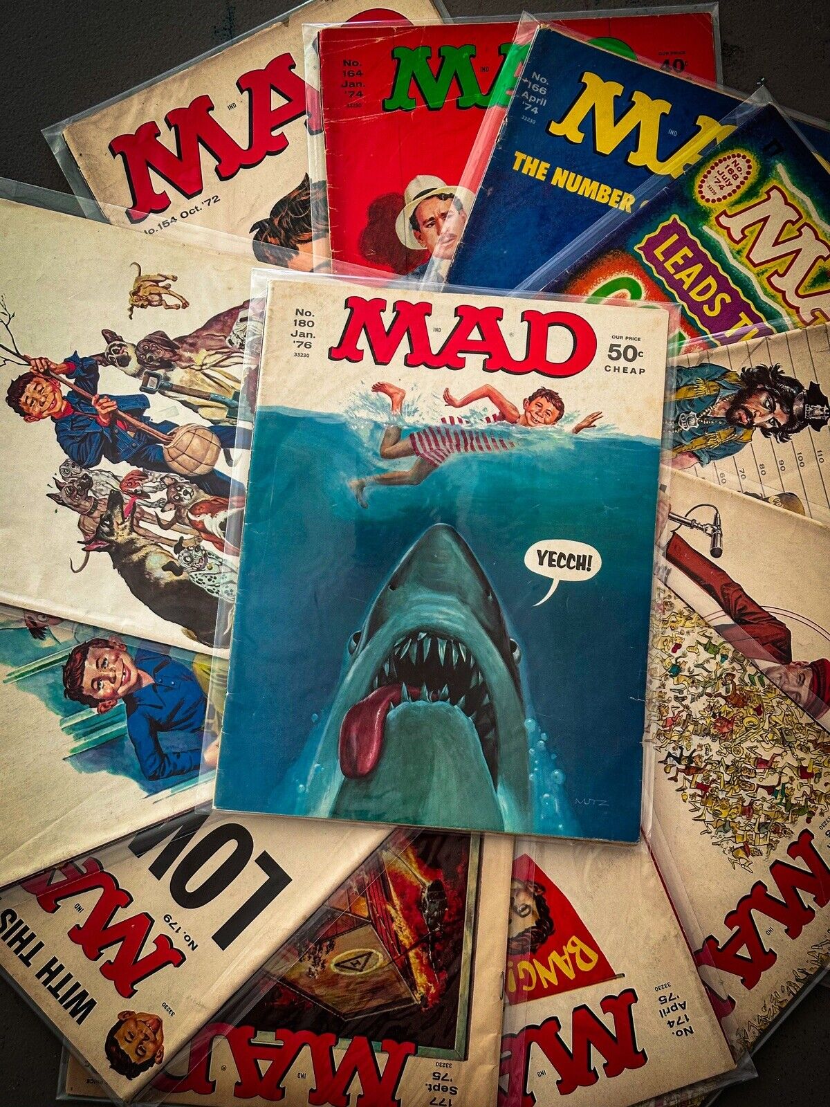 Mad Magazine Lot Of 13 from 1970s (1972-1976) Including Iconic JAWS Issue