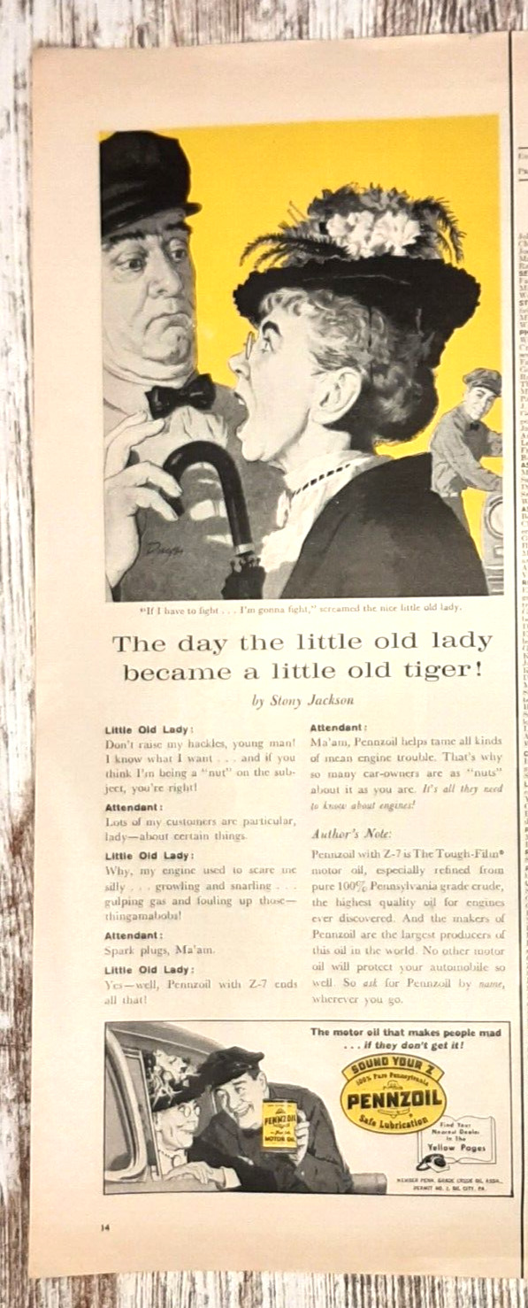 1959 Pennzoil Vintage Print Ad Motor Oil Engine Old Lady Mechanic Pennsylvania