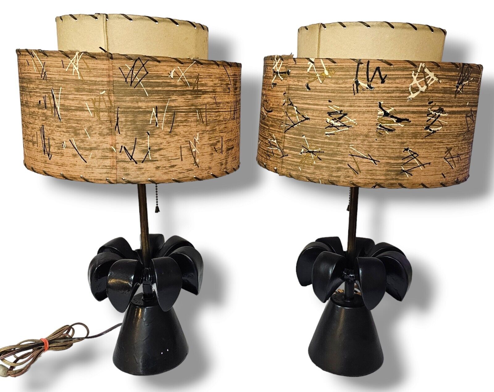 Vintage 1950s Mid Century Atomic Table Lamps Pair Two Tier Fiberglass Shades Art