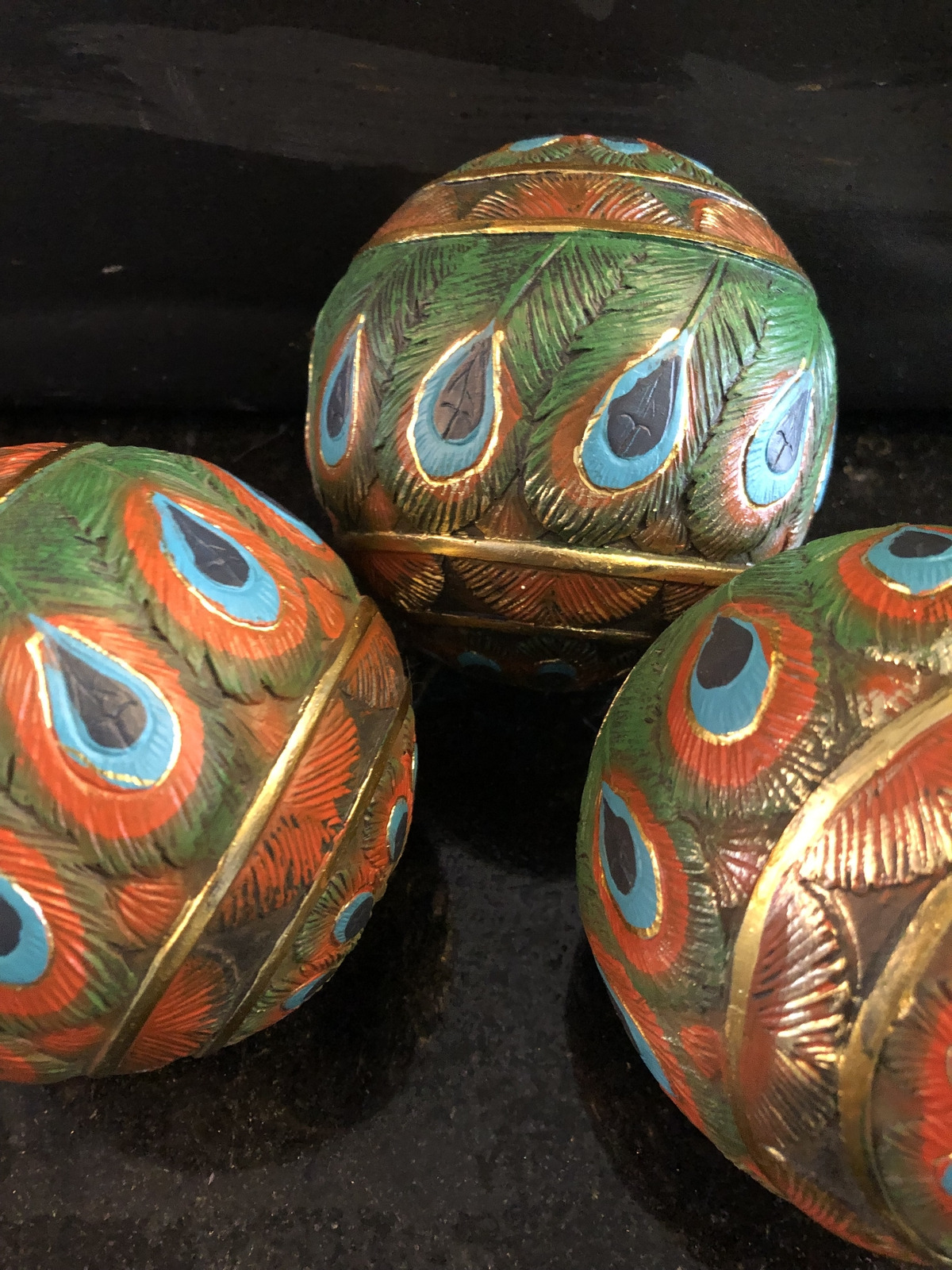 Three Design Toscano Peacock Feather Carved  Orbs