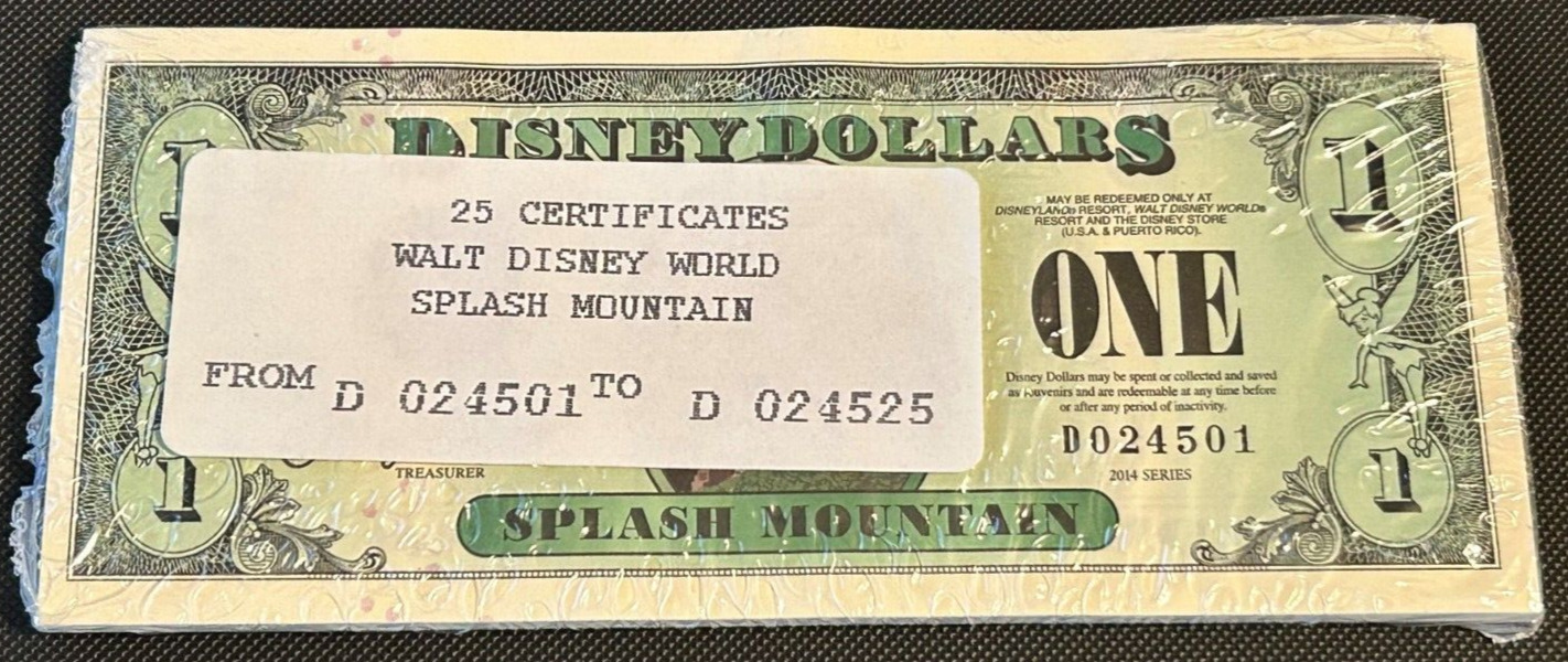 RARE WDW 2014 Splash Mountain $1 Disney Dollars MINT 25 Pack Uncirculated Sealed