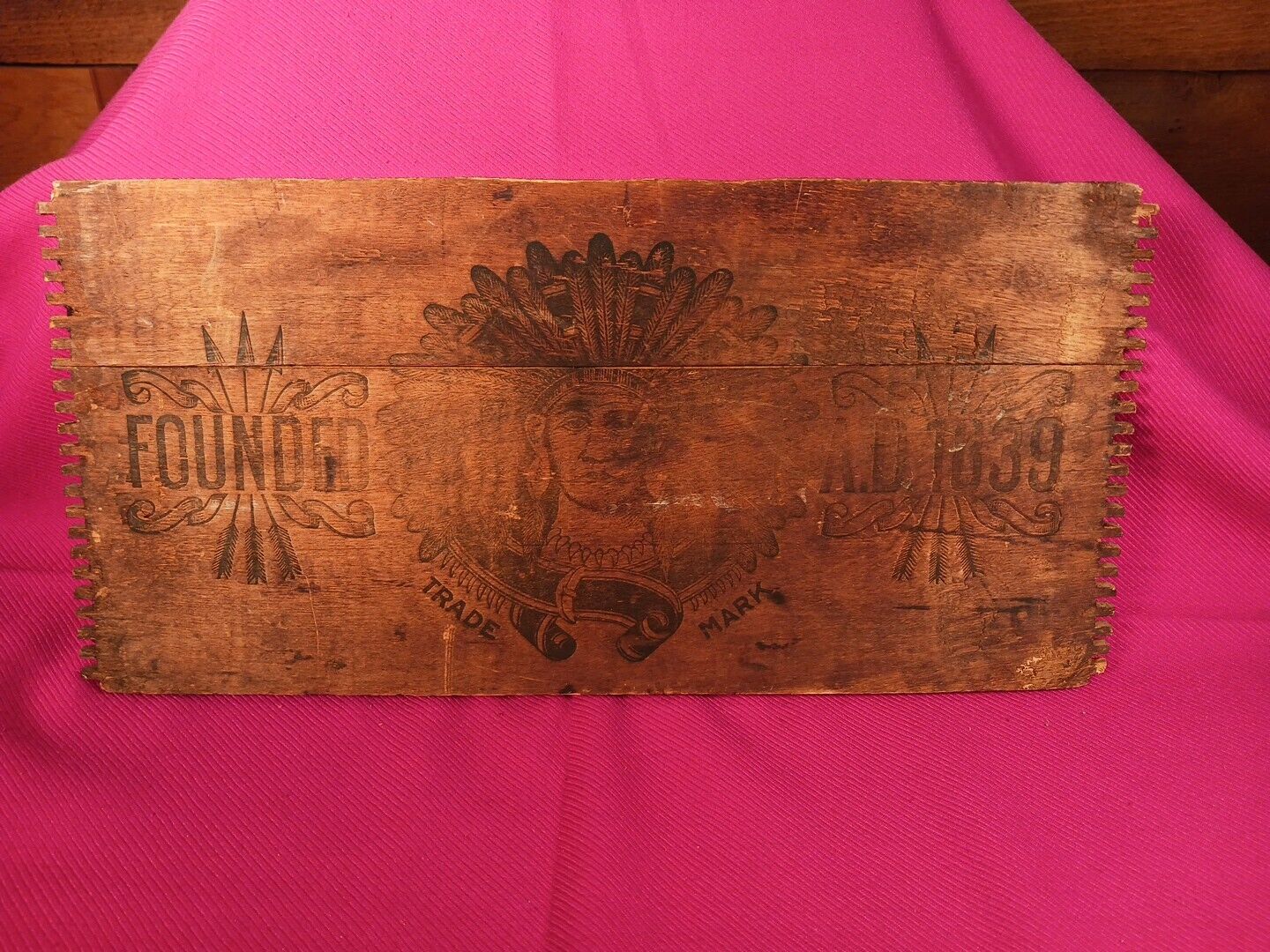 ANTIQUE  J.S Kirk Co., Wooden Box Side Panel, FOUNDED AD  1839 Indian Chief Logo