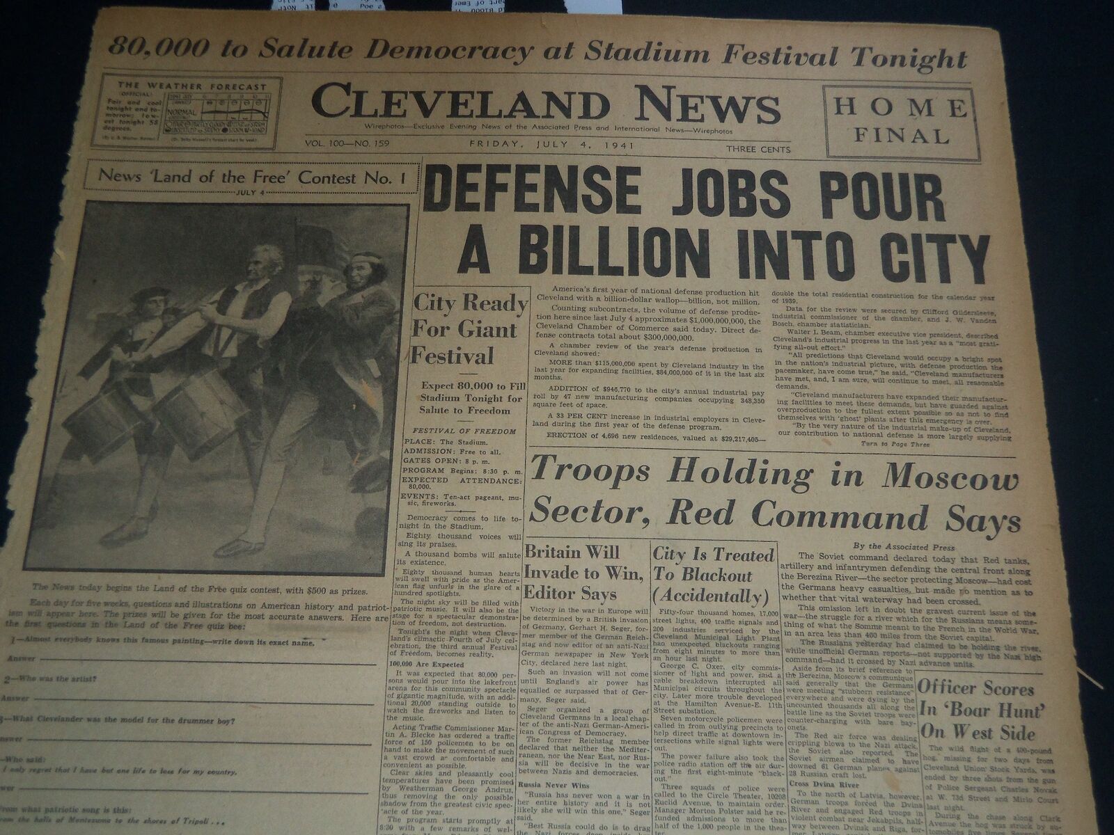 1941 JULY 4 CLEVELAND NEWS NEWSPAPER - DEFENSE JOBS POUR A BILLION CITY- NT 7455