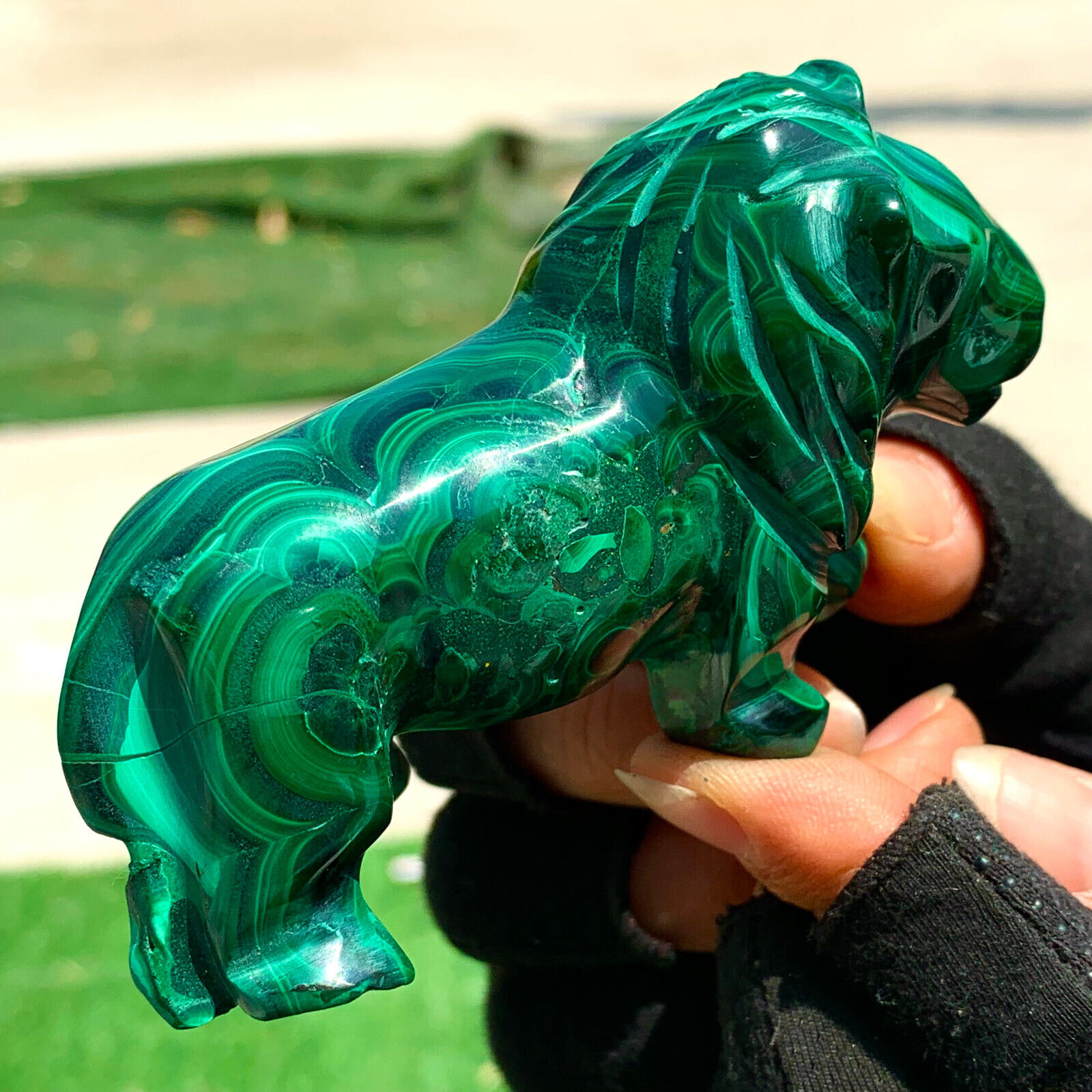 233G Natural glossy Malachite Crystal  Handcarved lion mineral sample