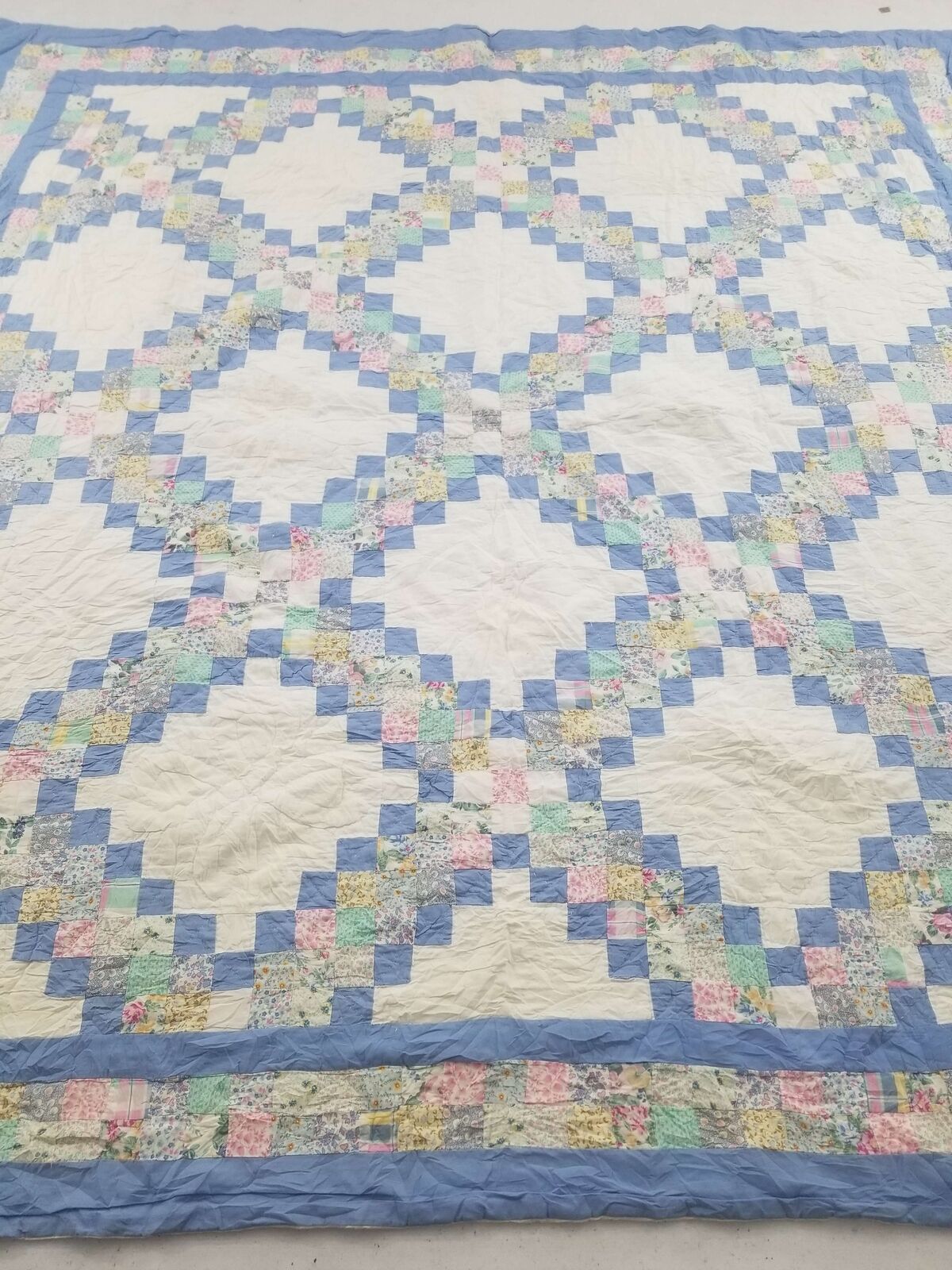 Vintage Feed Sack Hand Stitched Diamond Pattern Multicolor Quilt 88x82 inch