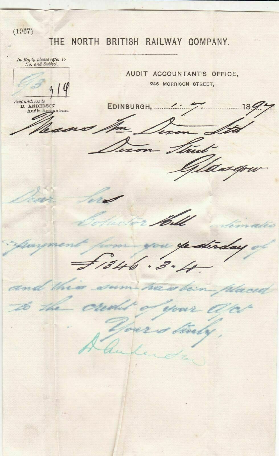 The North British Railway Company 1897 Edinburgh Detailed Money Receipt Rf 42408
