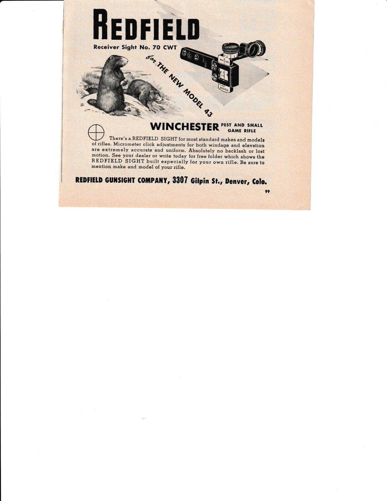 Redfield Gunsight Co Print Ad 1949 70 CWT Rifle Gunsight Denver CO 