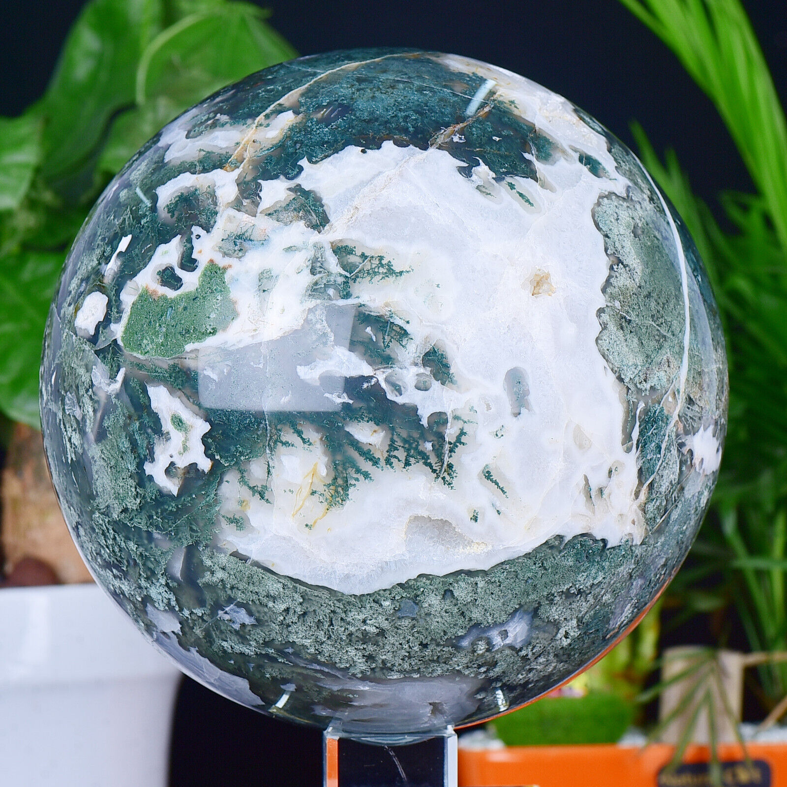 16.97LB Natural Moss agate sphere quartz crystal healing ball