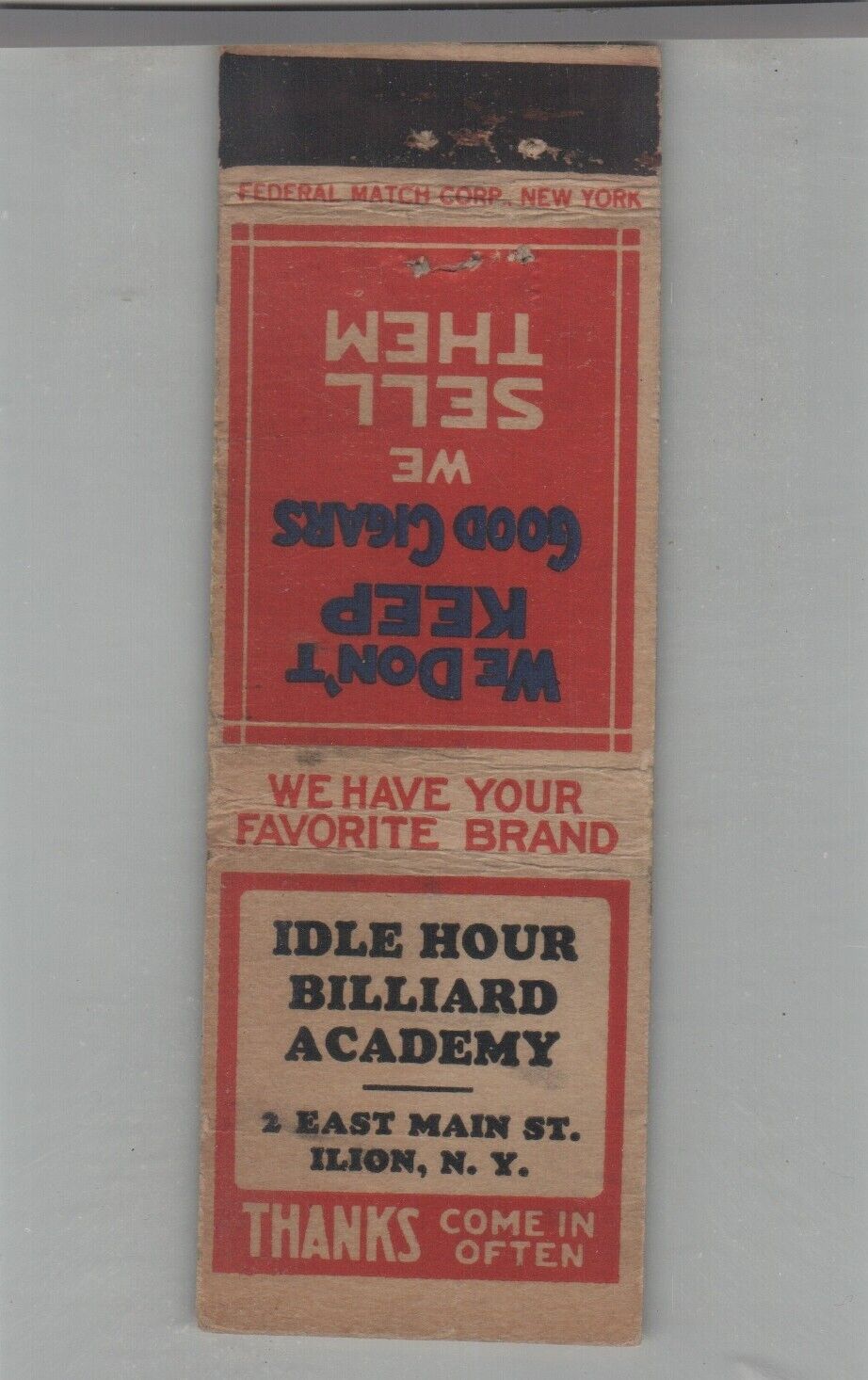 Matchbook Cover 1930s Federal Match Co Idle Hour Billiard Academy Ilion, NY