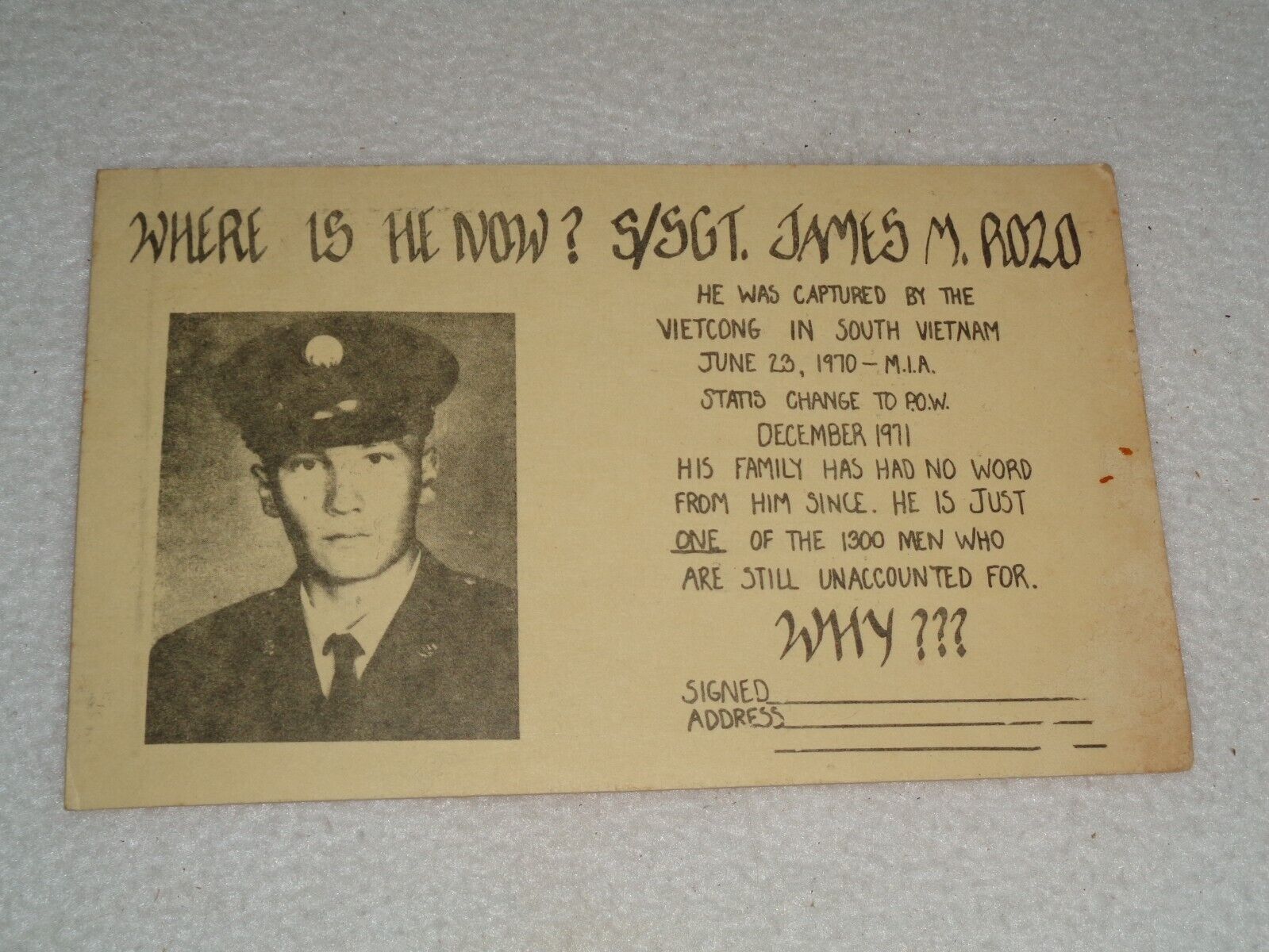 SGT James M. Rozo Where is He Now POW Vietnam War Post Card to Senator Unused