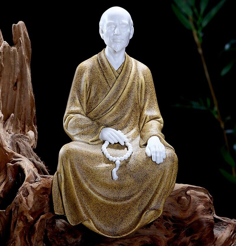 Chinese Zi Sha Porcelain Seat Old Monk Statue Buddha Buddhism Zen Figure Decor